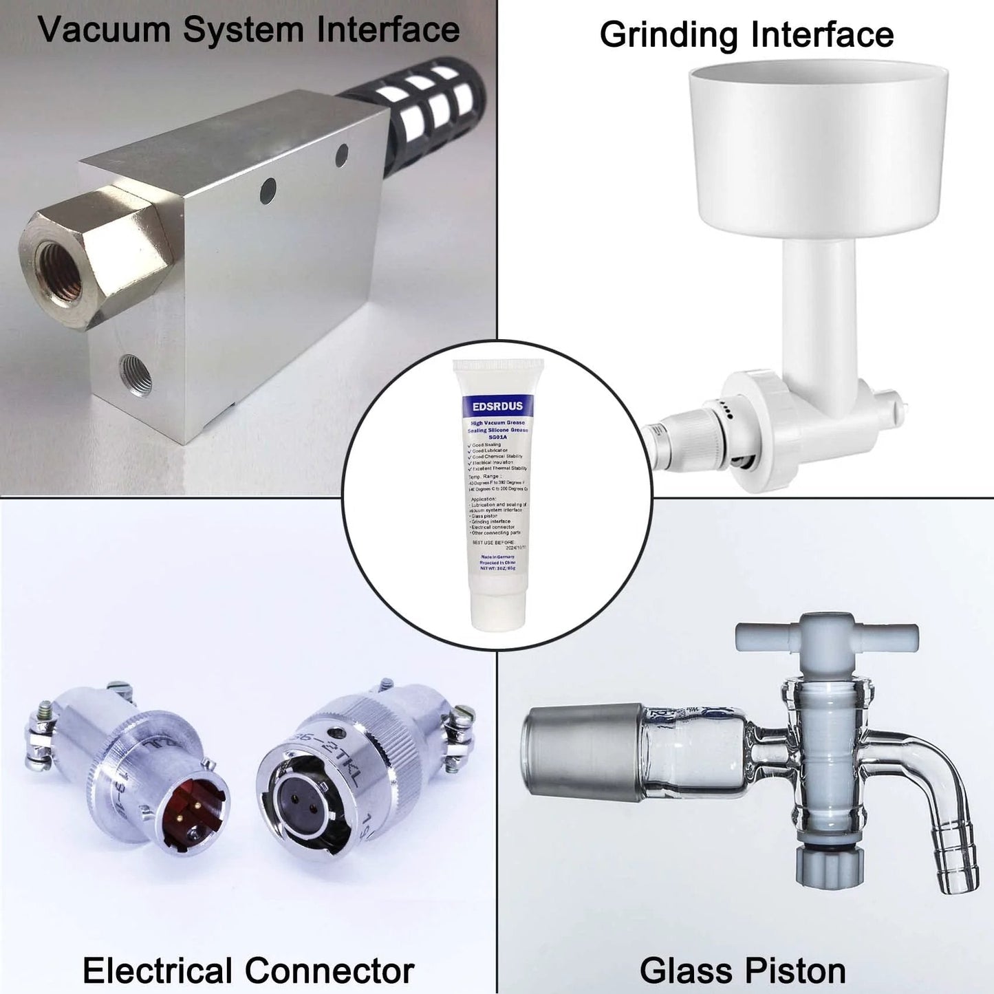 High Vacuum Grease SG01A Thickened Silicone Sealing Lubricant tube with vacuum system, grinding interface, electrical connector, glass piston