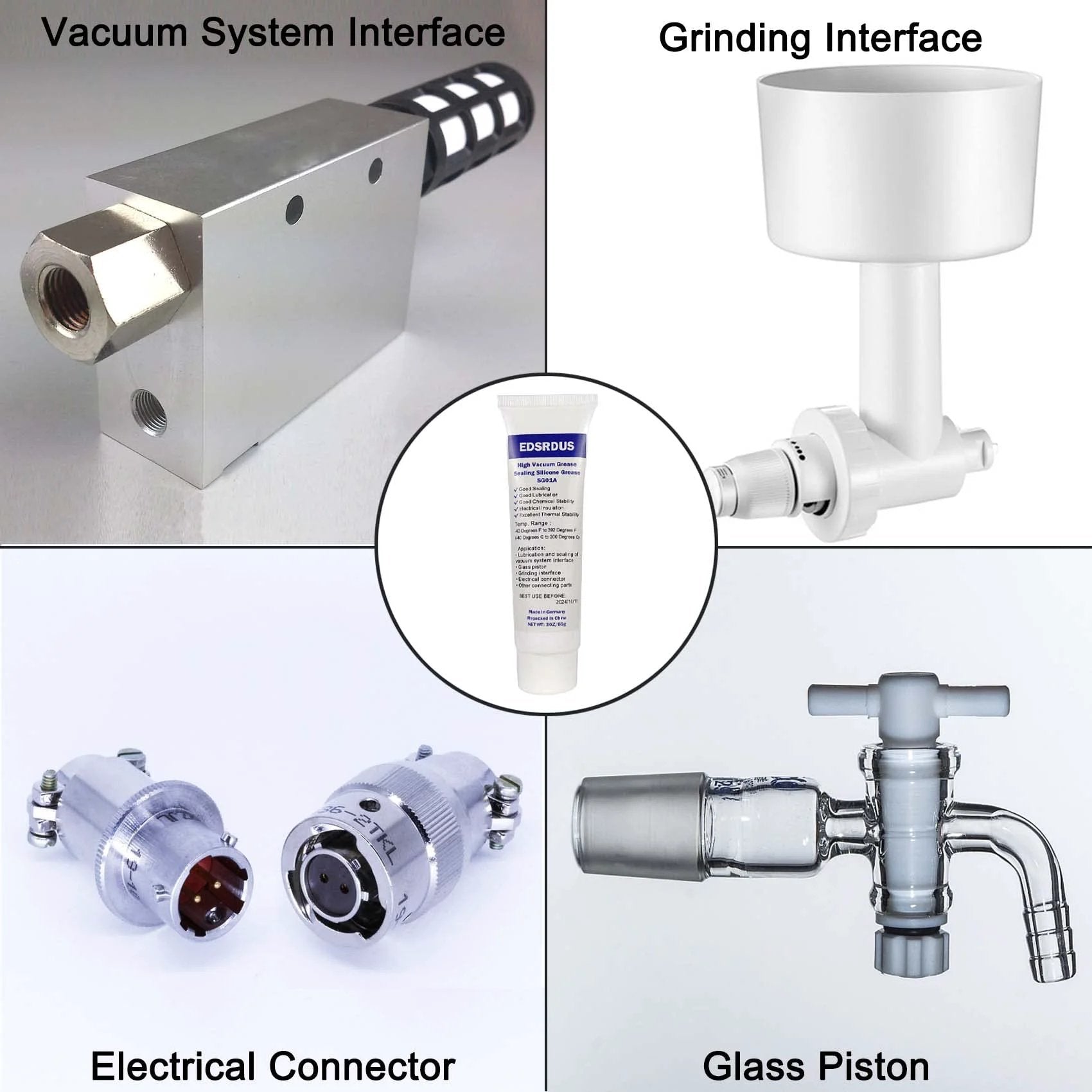 High Vacuum Grease SG01A Thickened Silicone Sealing Lubricant tube with vacuum system, grinding interface, electrical connector, glass piston