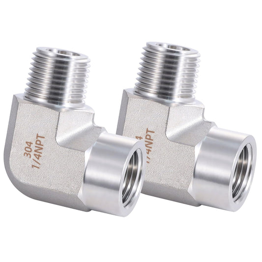 Stainless Steel 90 Degree Pipe Fitting Elbow One Quarter Inch NPT Male To One Quarter Inch NPT Female Two Pack