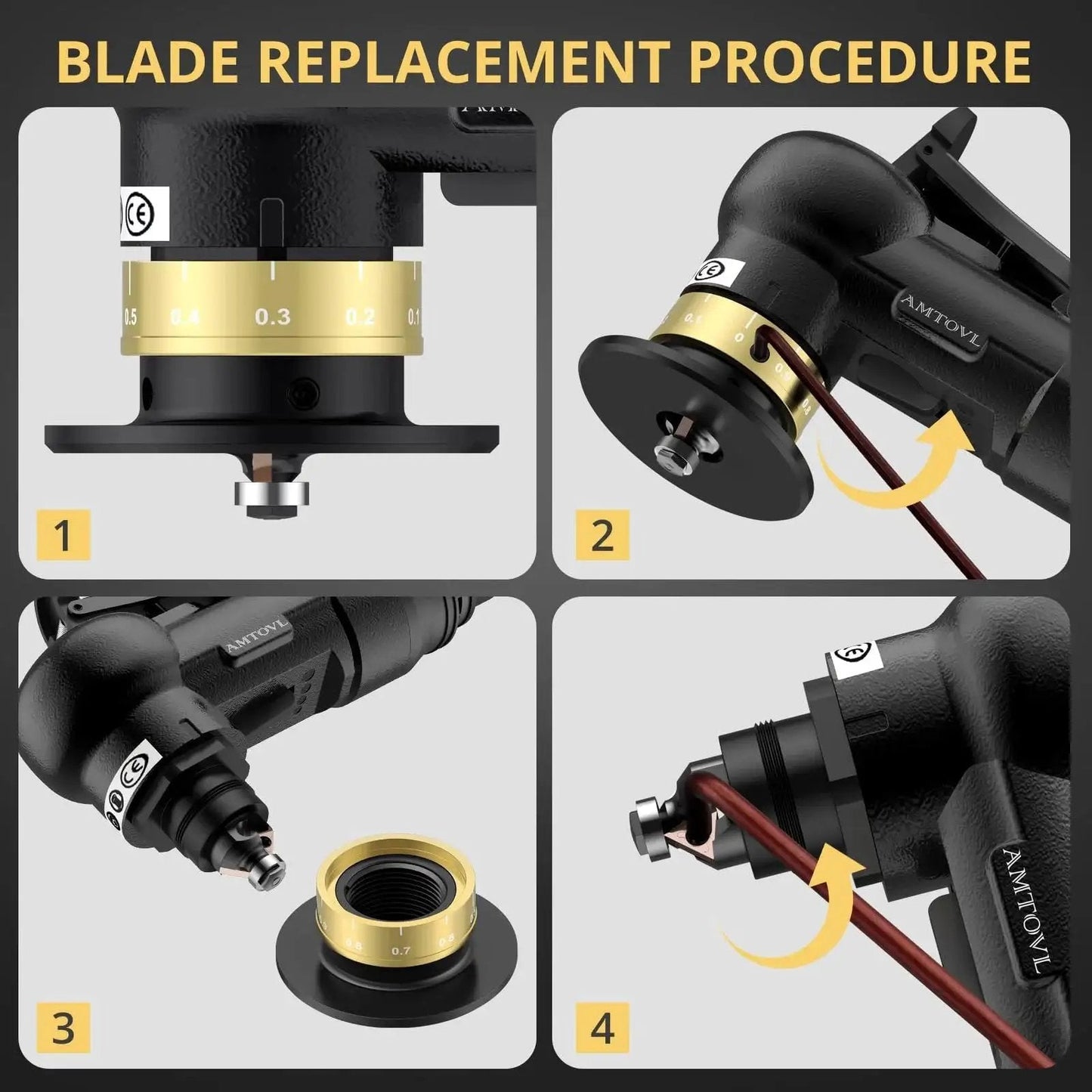 Blade replacement procedure for Ultra Compact Pneumatic Chamfering Tool Kit With Ten C Angle And Ten R Angle Blades, detailed steps.