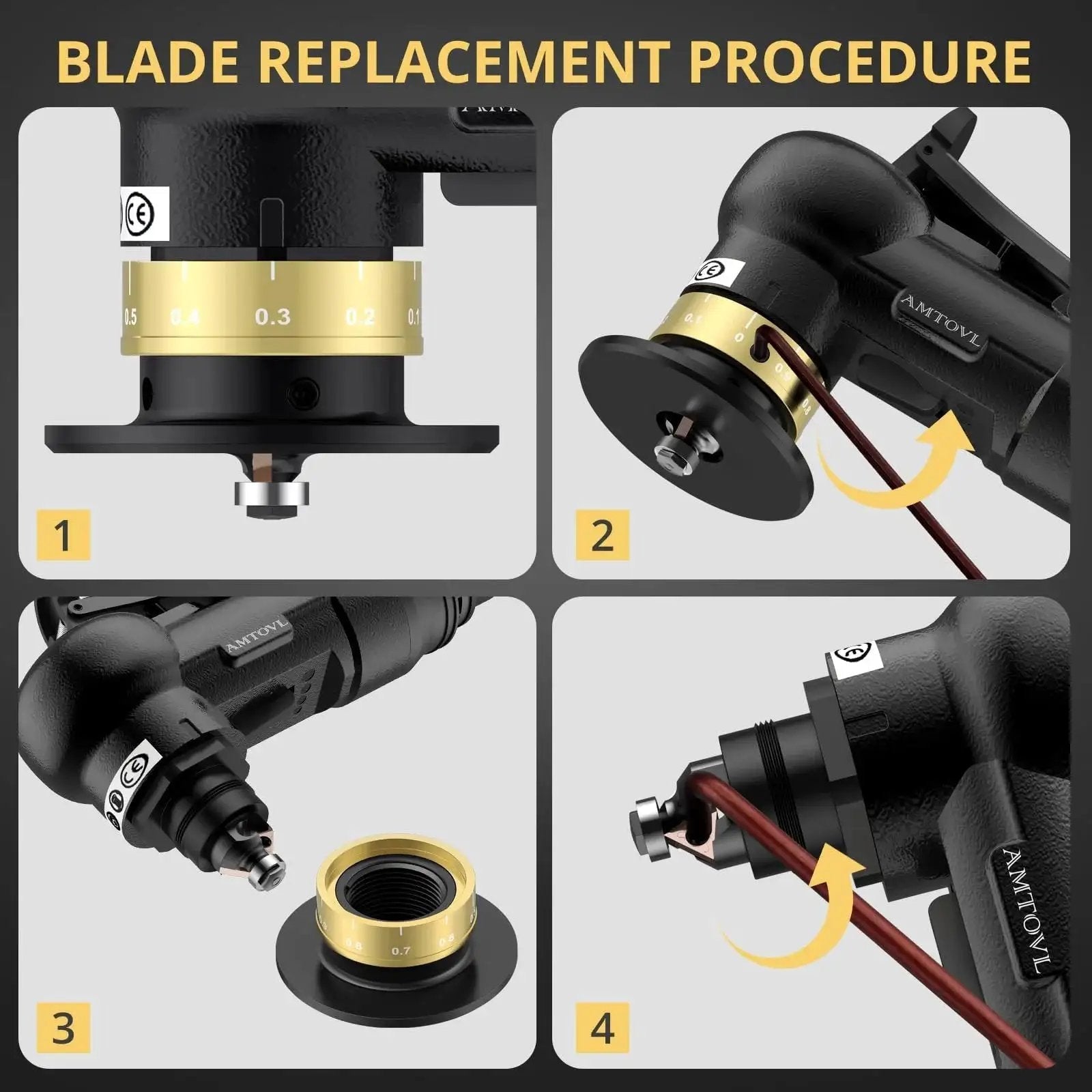 Blade replacement procedure for Ultra Compact Pneumatic Chamfering Tool Kit With Ten C Angle And Ten R Angle Blades, detailed steps.