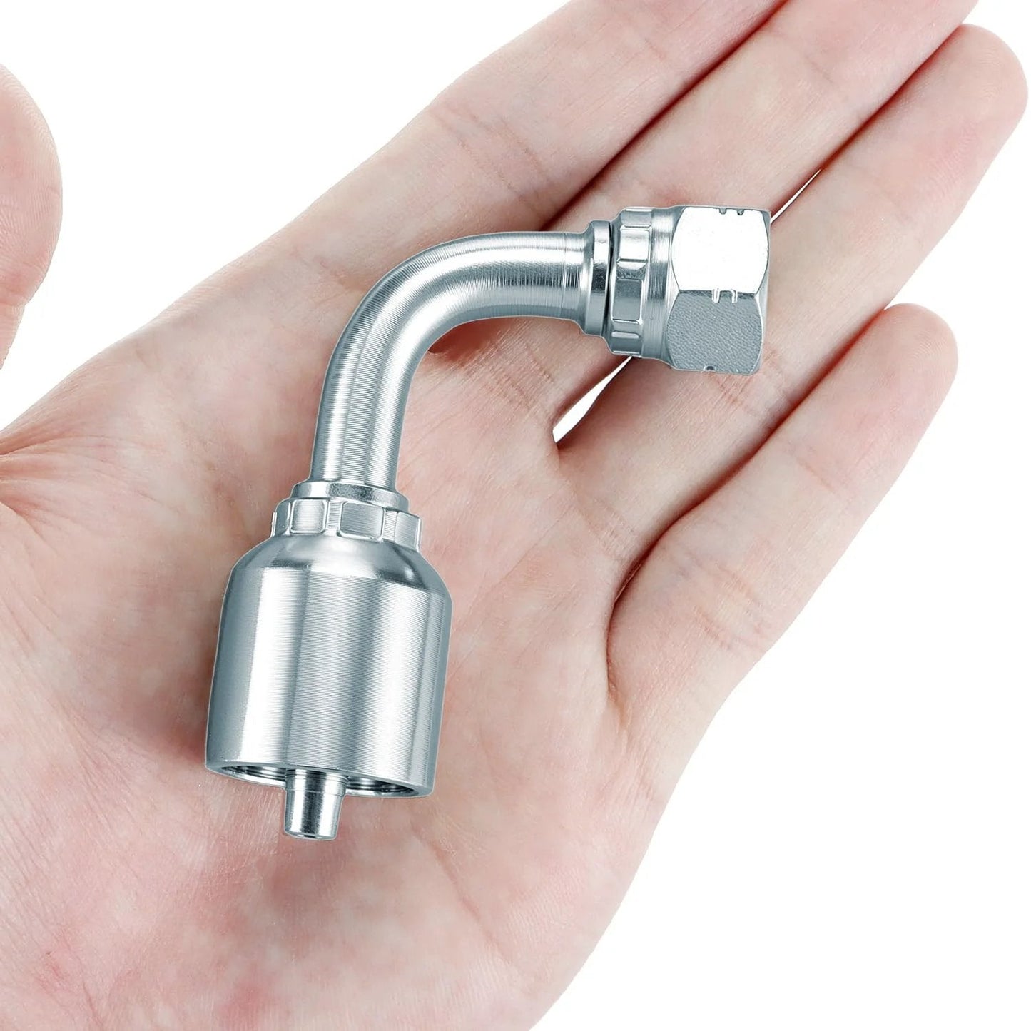 10 Pack 1/4 Inch Hydraulic Fittings Set QWORK 1/4 Inch JIC 37 Degree Female 90 Degree Swivel Crimp Fitting in hand