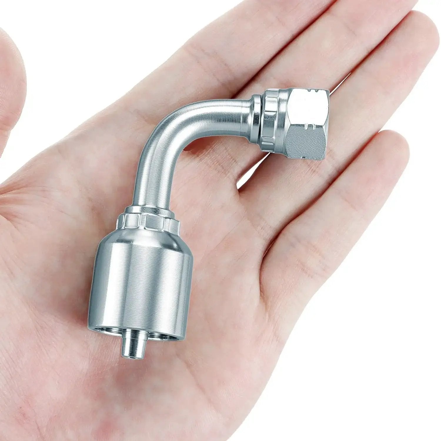 10 Pack One Quarter Inch Hydraulic Fittings Kit With One Quarter Inch JIC 37 Degree Female 90 Degree Swivel End Permanent Crimp Fittings For Hose Repair Leak Proof Connections Heavy Duty DIY Hydraulic Line Fix held in hand for scale