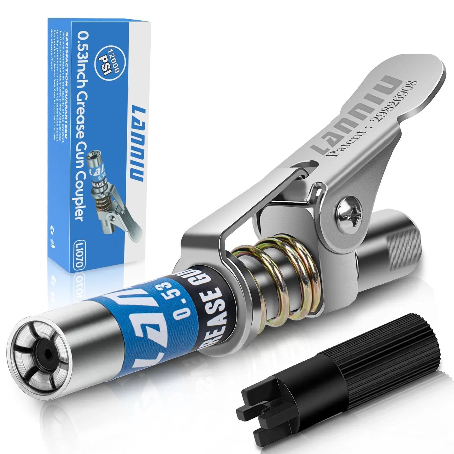 Compact 0.53 Inch Grease Gun Coupler With Locking Quick Release No Leakage Up To 12000 PSI One Eighth NPT Fitting Compatible With All Grease Guns Six Jaw Design For Easy Closure In Tight Automotive And Machinery Spaces No Fuss with packaging and adapter