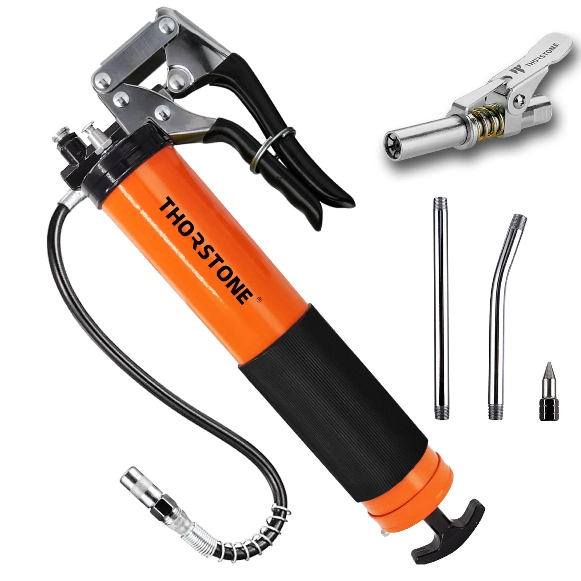 Beefy 7000 PSI Pistol Grip Grease Gun Kit With 14 Ounce Load Capacity 18 Inch Spring Flex Hose Lock Coupler Reinforced Coupler Sharp Nozzle And Two Extension Rigid Pipes Thorstone