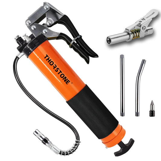 Beefy 7000 PSI Pistol Grip Grease Gun Kit With 14 Ounce Load Capacity 18 Inch Spring Flex Hose Lock Coupler Reinforced Coupler Sharp Nozzle And Two Extension Rigid Pipes Thorstone
