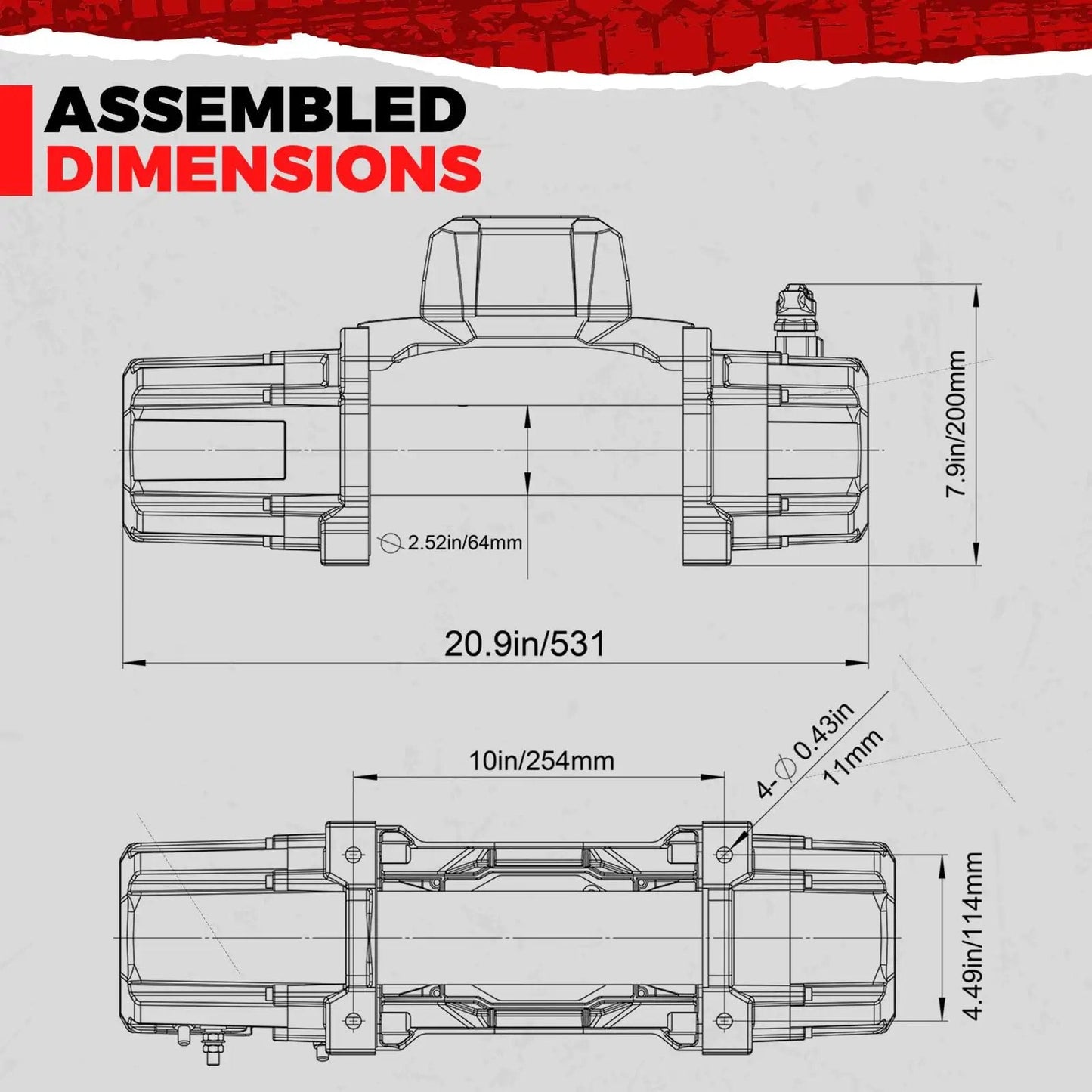 Assembled dimensions of the Beast Heavy Duty 13500lb Waterproof Electric Winch With Synthetic Rope For Trucks And SUVs, 12V System.