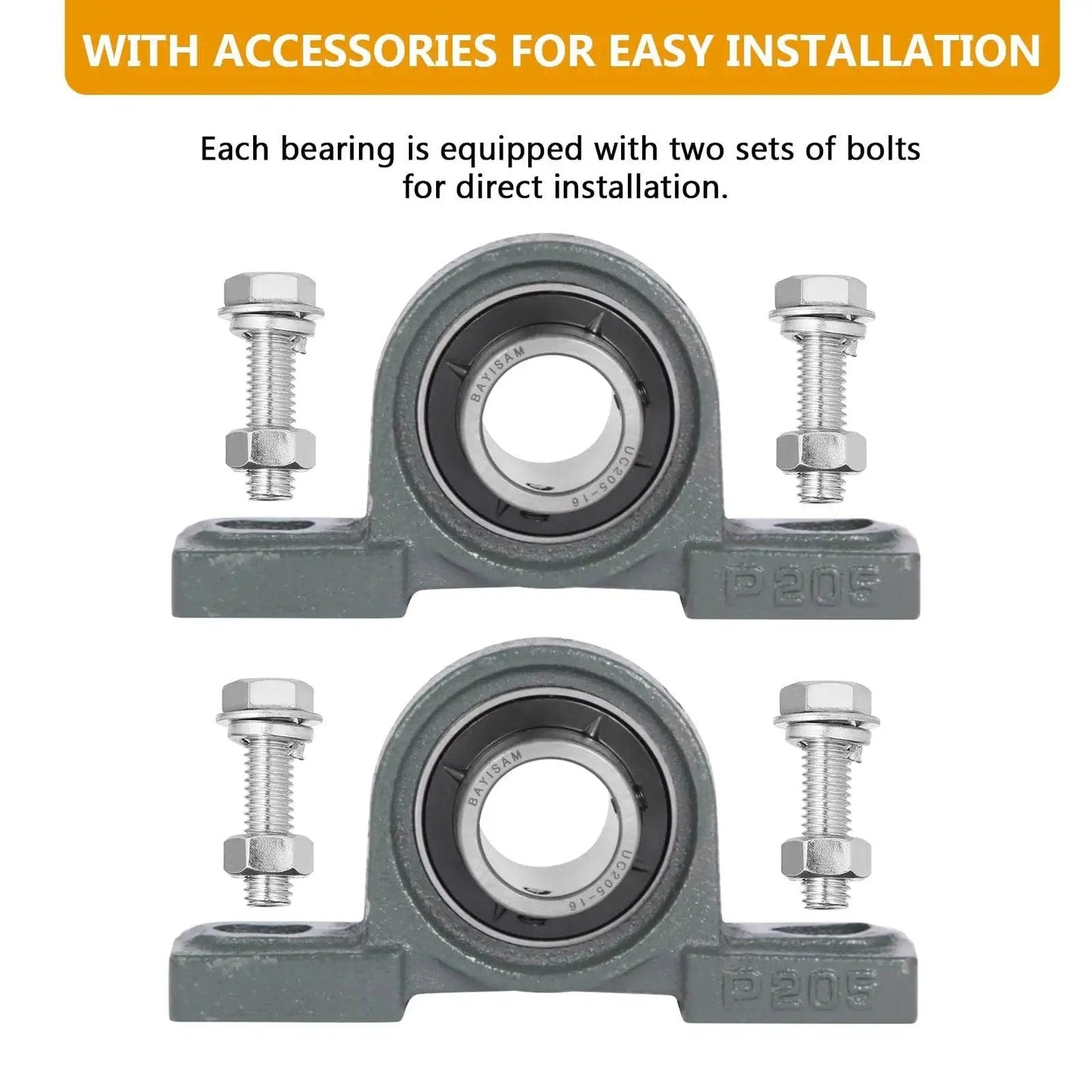 2 Pack UCP205-16 Mounted Pillow Block Ball Bearing Set With 1 Inch Bore Bearing Steel Construction, shown with bolts