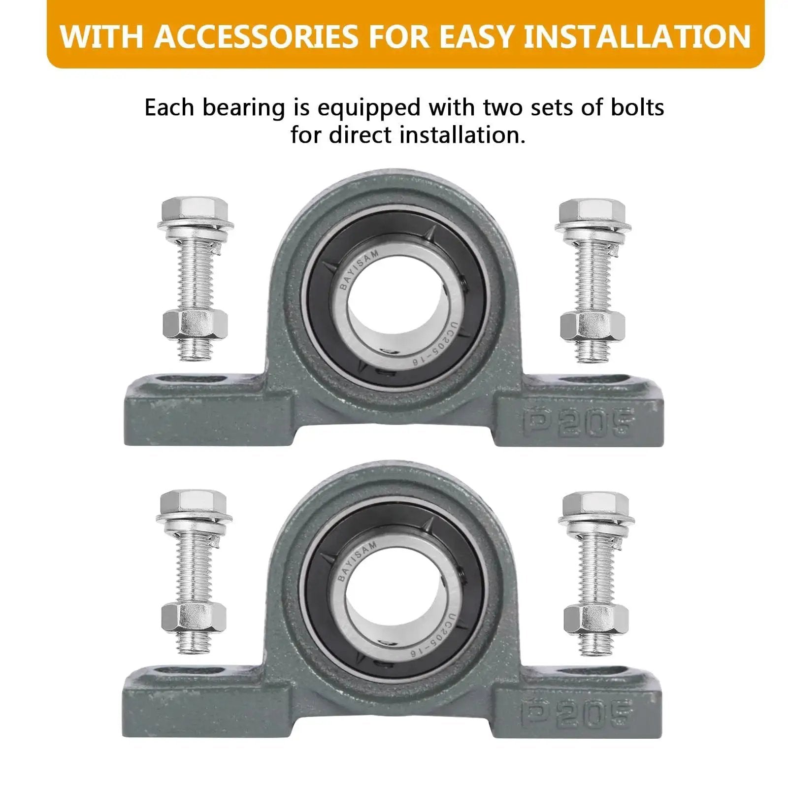 2 Pack UCP205-16 Mounted Pillow Block Ball Bearing Set With 1 Inch Bore Bearing Steel Construction, shown with bolts