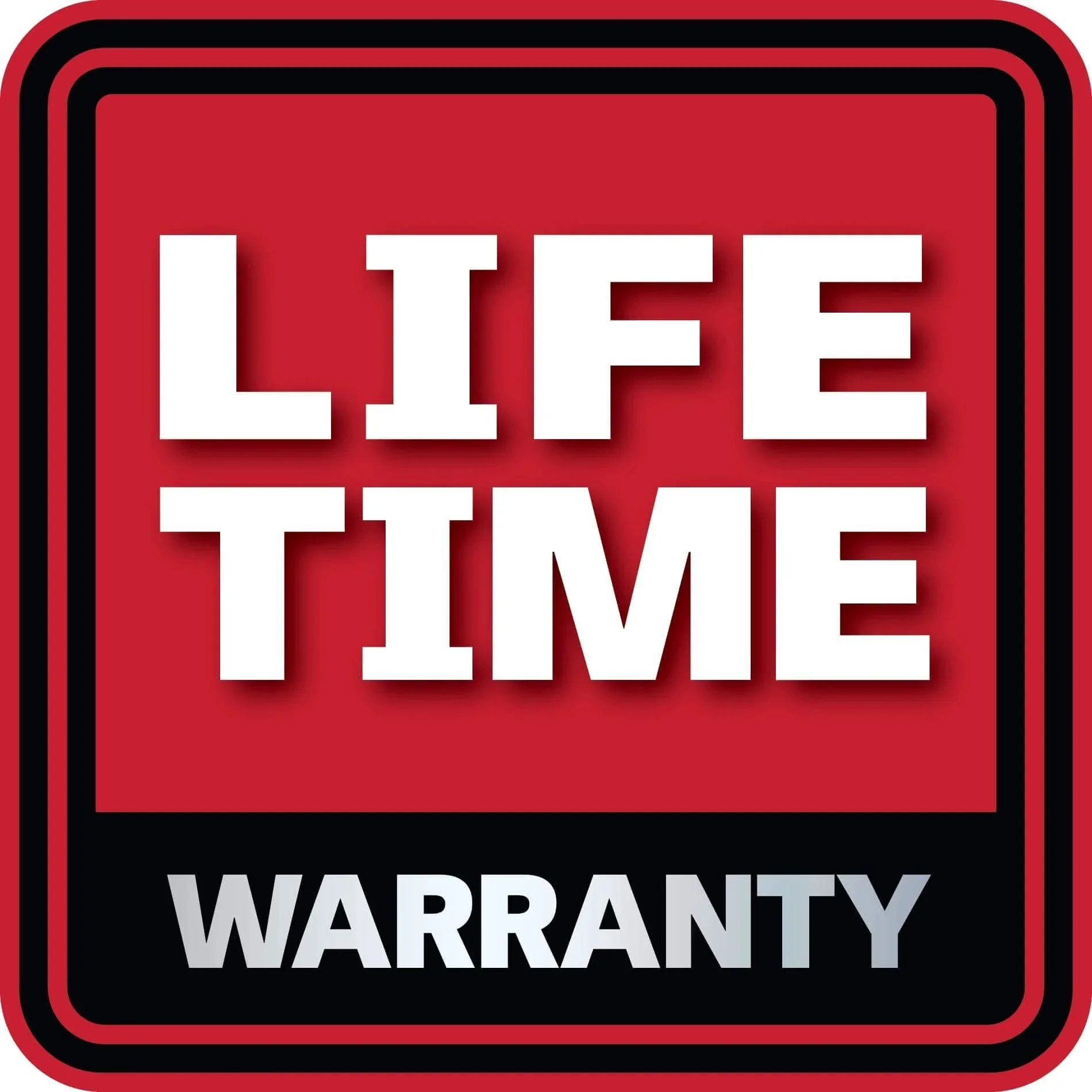 Lifetime warranty badge in red and black colors