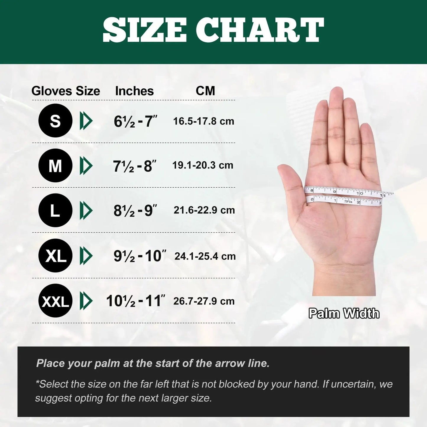 Size chart for Heavy Duty Nitrile Gloves 6 Mil Dark Green Diamond Texture Mechanic Latex Free with hand measurement guide.