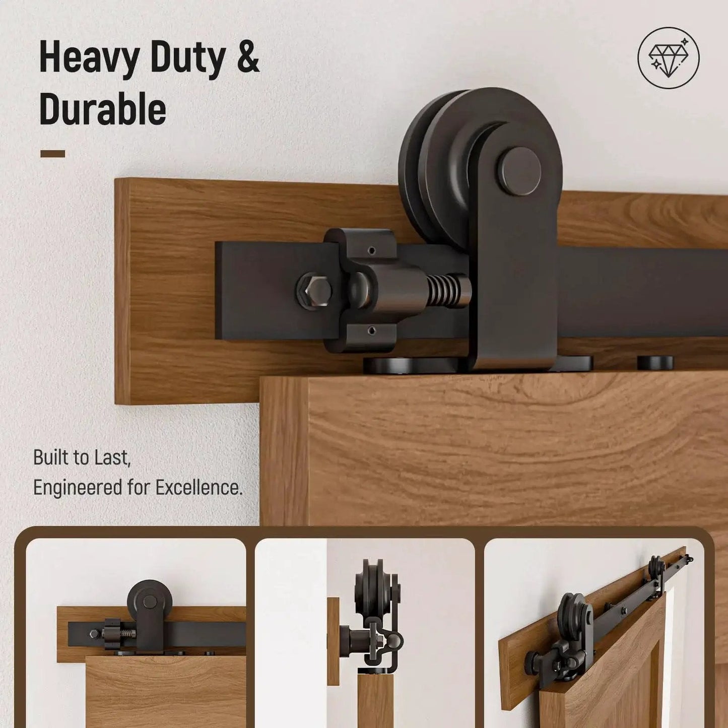 Five Foot Sliding Barn Door Hardware Kit Heavy Duty With Quiet Smooth Operation And Easy Install fits Thirty Inch Wide Single Door Panel T Shaped Black includes solid steel roller hanger.