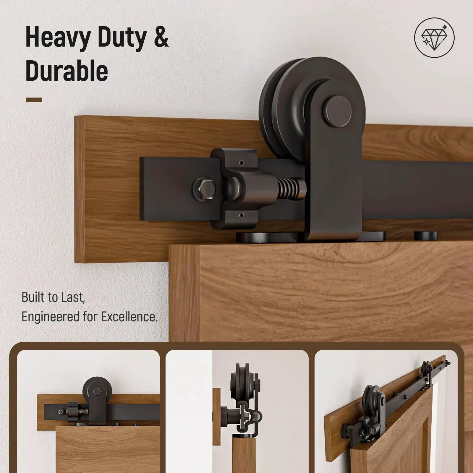 Five Foot Sliding Barn Door Hardware Kit Heavy Duty With Quiet Smooth Operation And Easy Install fits Thirty Inch Wide Single Door Panel T Shaped Black includes solid steel roller hanger.