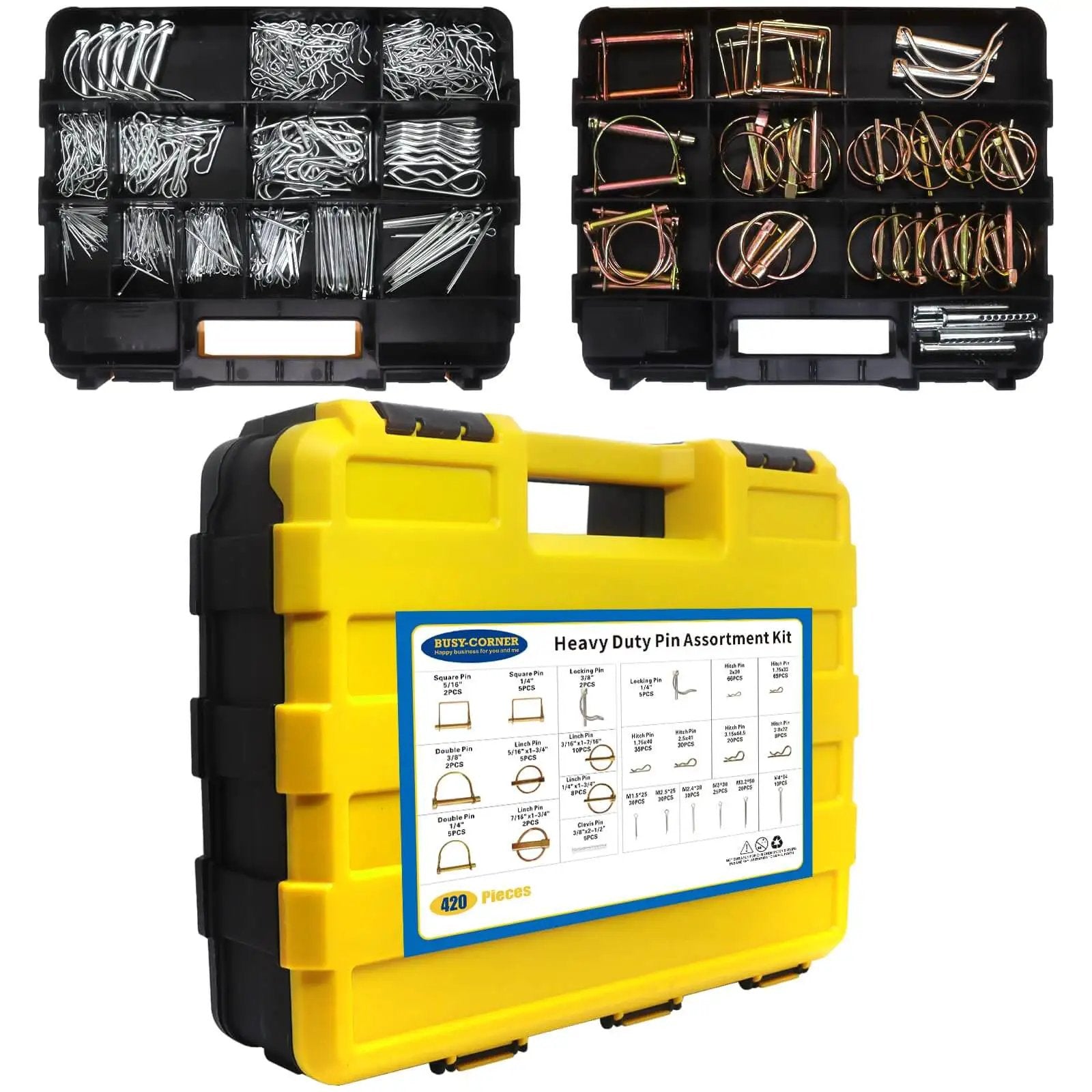 420 Piece Heavy Duty Pin Kit With Zinc Plated Carbon Steel Hitch Pins, R Clips, various pins in a yellow organizer case