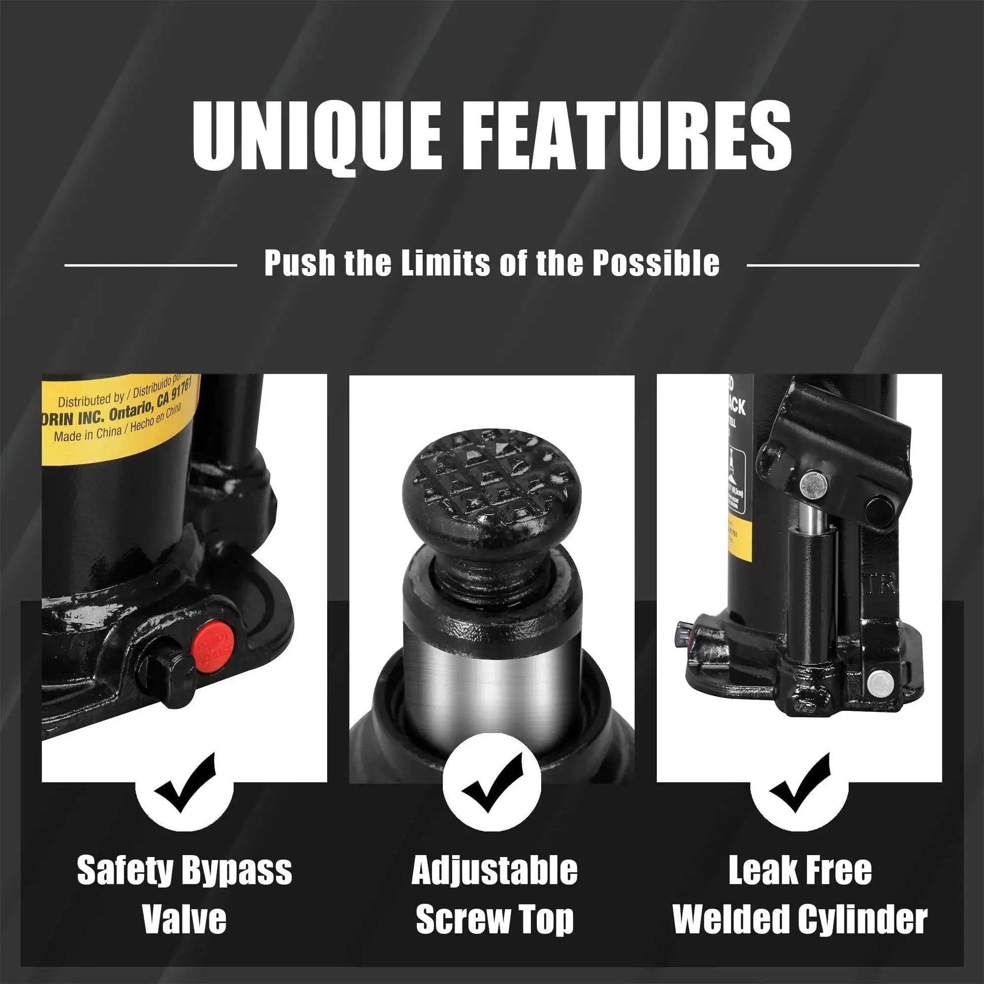20 Ton Hydraulic Bottle Jack For Cars Trucks And SUVs Welded Heavy Duty Lift Range 9.4375 Inches To 17.625 Inches With Serrated Heat Treated Saddle For Secure Grip And Durable Support In Black showing safety bypass valve, adjustable screw top, and leak free welded cylinder features.