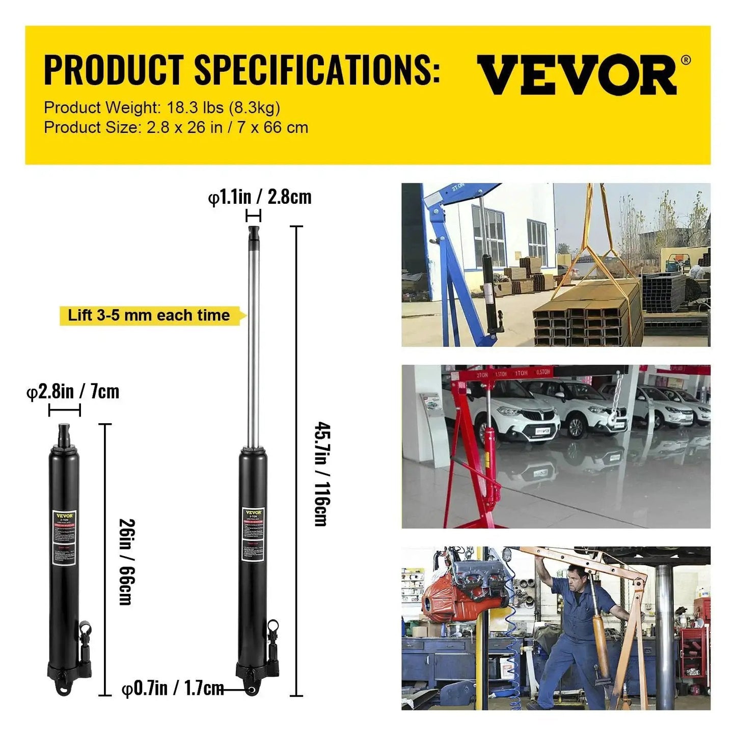 Three Ton Hydraulic Long Ram Jack With Clevis Base For Engine Hoist specifications and usage examples displayed