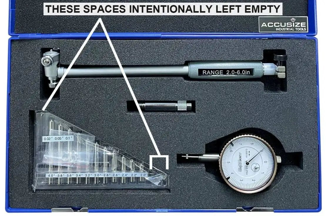 Dial Bore Gauge Set For 2 To 6 Inch Range With 0.0001 Inch Graduation And 6 Inch Stem Includes Extension Holder And Case Chrome Plated Handle Insulated Self Centering Grip Pro Grade Accuracy To 0.0003 Inch From Accusize Industrial Tools Ee20 1006 in blue case