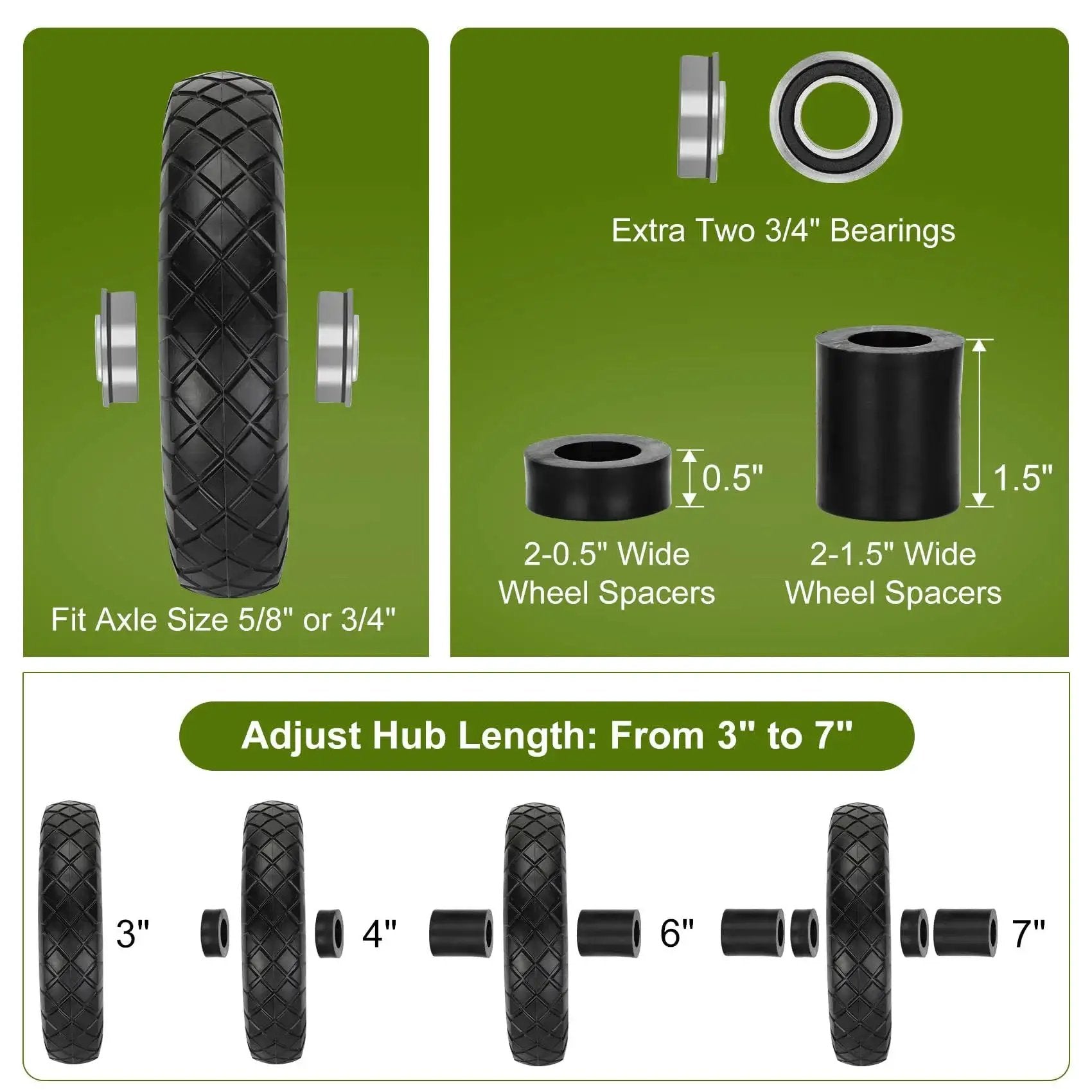 Upgraded 16 Inch Flat Free Wheelbarrow Wheels And Tires With 4.80 4.00 8 Solid Tires And 5/8 And 3/4 Bearings, spacers shown