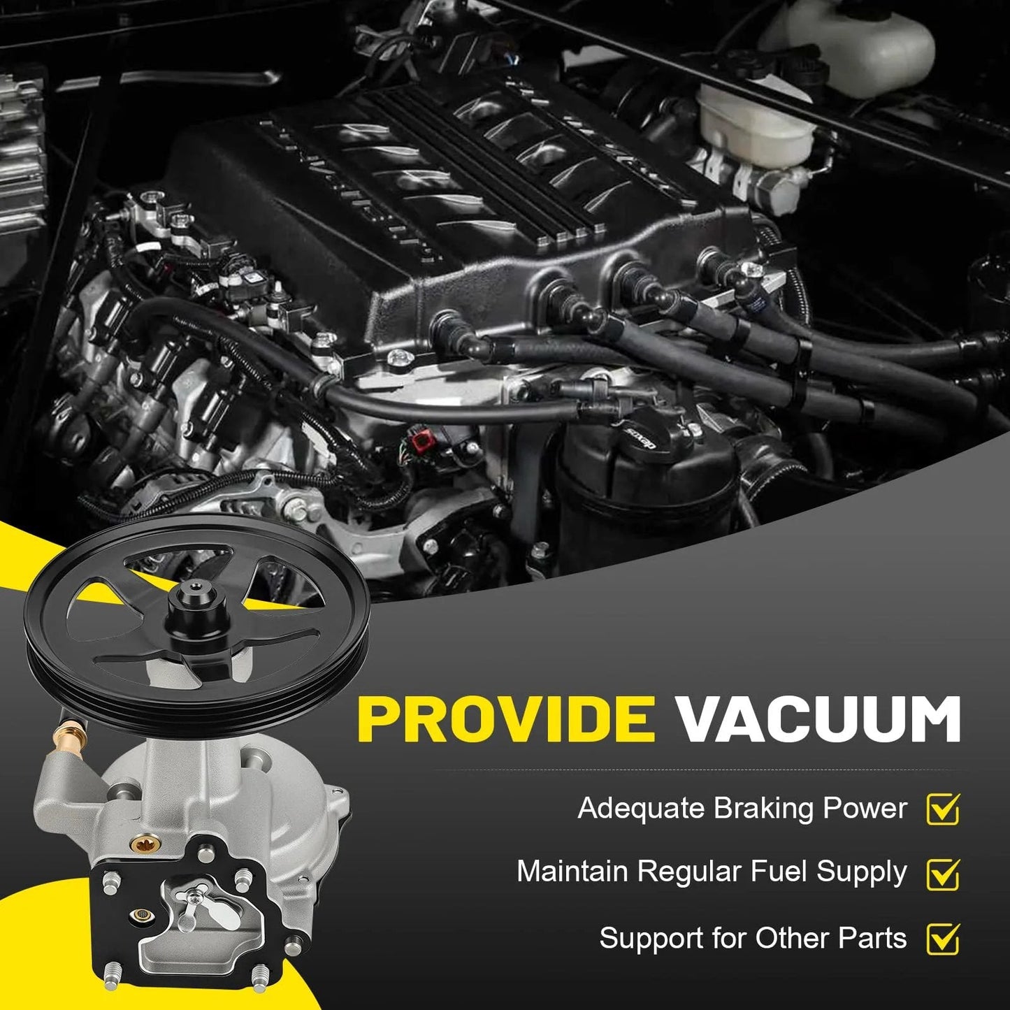 Premium Drop-In Brake Vacuum Pump For 2014-2020 Cadillac Escalade Suburban Silverado Tahoe Cheyenne GMC Sierra Yukon 4.3L 5.3L 6.2L Engines Replace OE 12654013 12659655 12660004 12662552 12669488 12696313 C-Tzu shown in engine bay