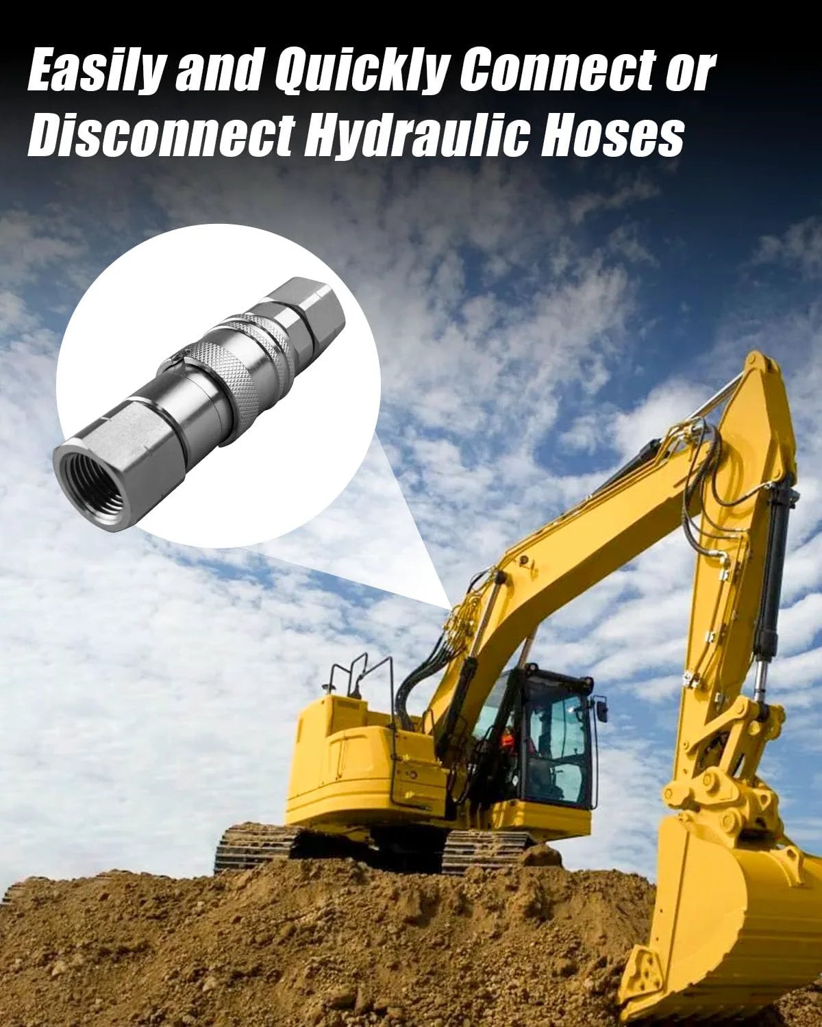 Three Eighths Inch Flat Face Hydraulic Quick Connect Couplers With Dust Caps For ISO 16028 Flat Face And Three Eighths Inch Body And One Half Inch NPT Thread Sleeve Lock Anti Detach System With Debris Shield shown alongside heavy machinery in use