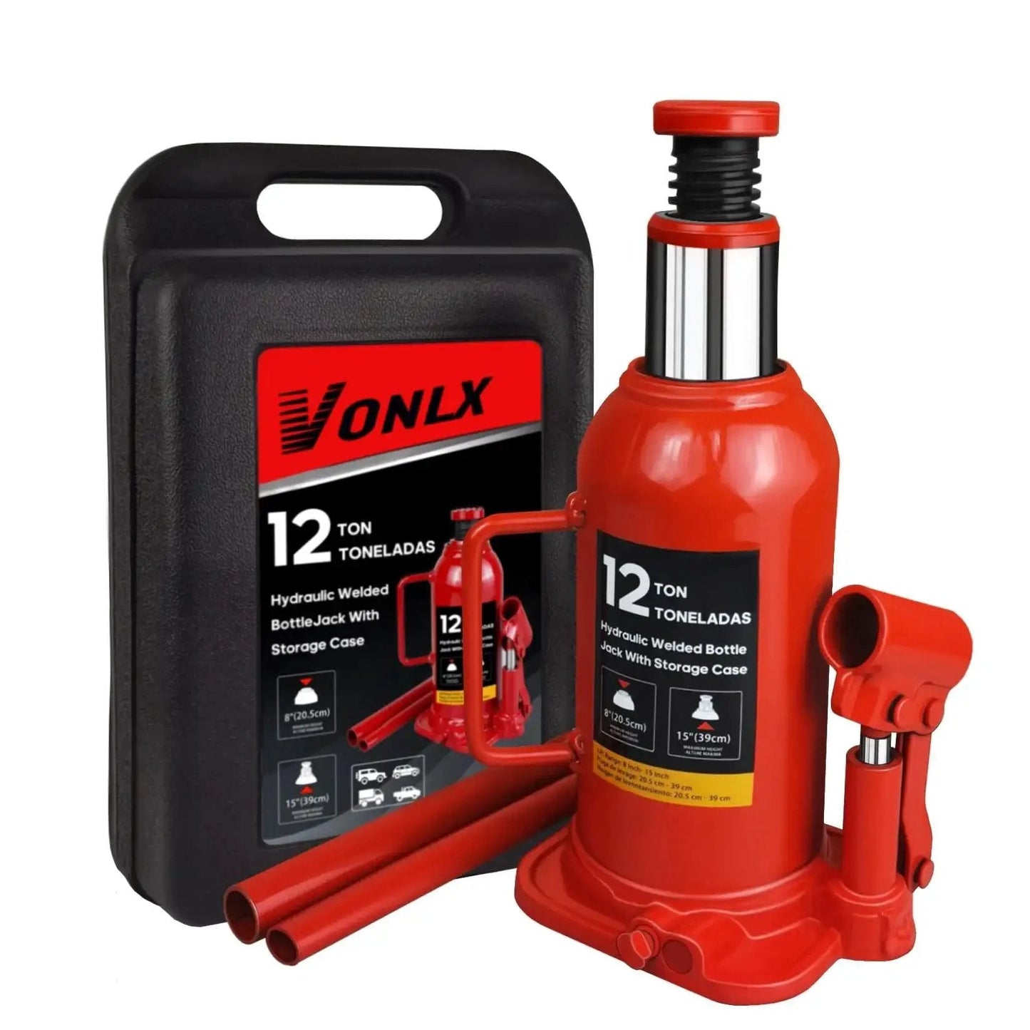 12 Ton Hydraulic Bottle Jack With Carrying Case Lift 8 To 15 Inches For Cars RVs, red jack with black carrying case.