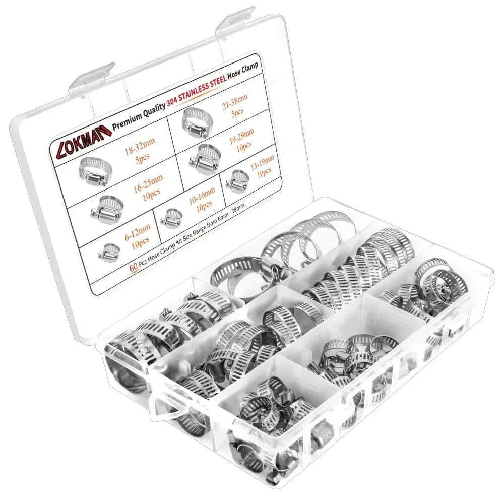 Stainless Steel Hose Clamp Assortment Kit 60 Pieces Adjustable From Quarter Inch To One And A Half Inch And Six To Thirty Eight Millimeters Worm Gear Metal Fuel Line Clamps For Plumbing Automotive And Mechanical Applications in case