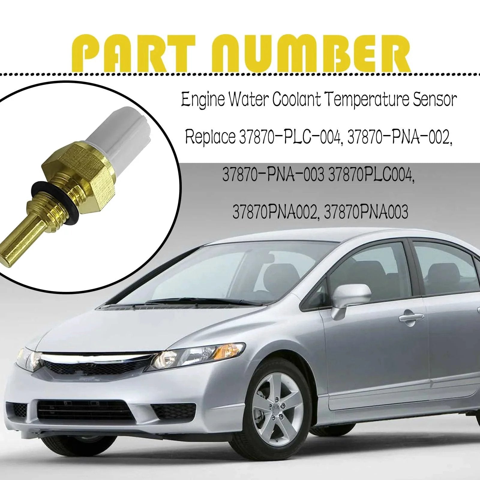 Direct Fit Coolant Temperature Sensor For Honda And Acura Vehicles GolTHd Replacement shown next to a Honda car, part number details