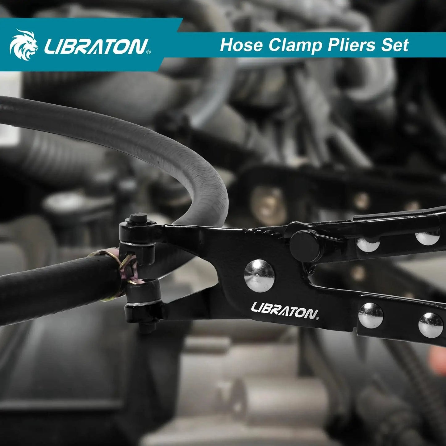Close-up of 2 Piece Hose Clamp Pliers Set With Swivel Pliers For Removal And Installation in use on automotive hose.