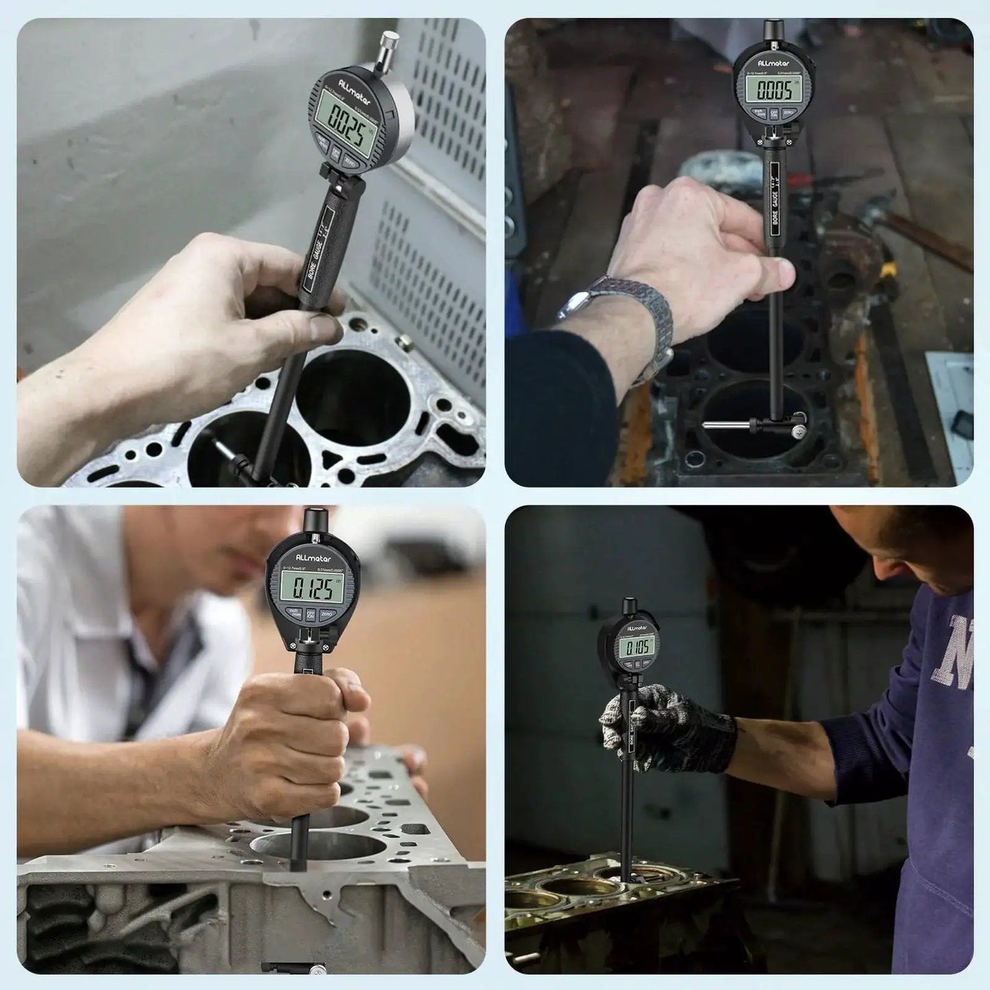 Four images showing the Ultimate Dial Bore Gauge Set For Engine Cylinders By ALLmeter 1.4 To 6 Inch Range 0.0005 Inch Accuracy.