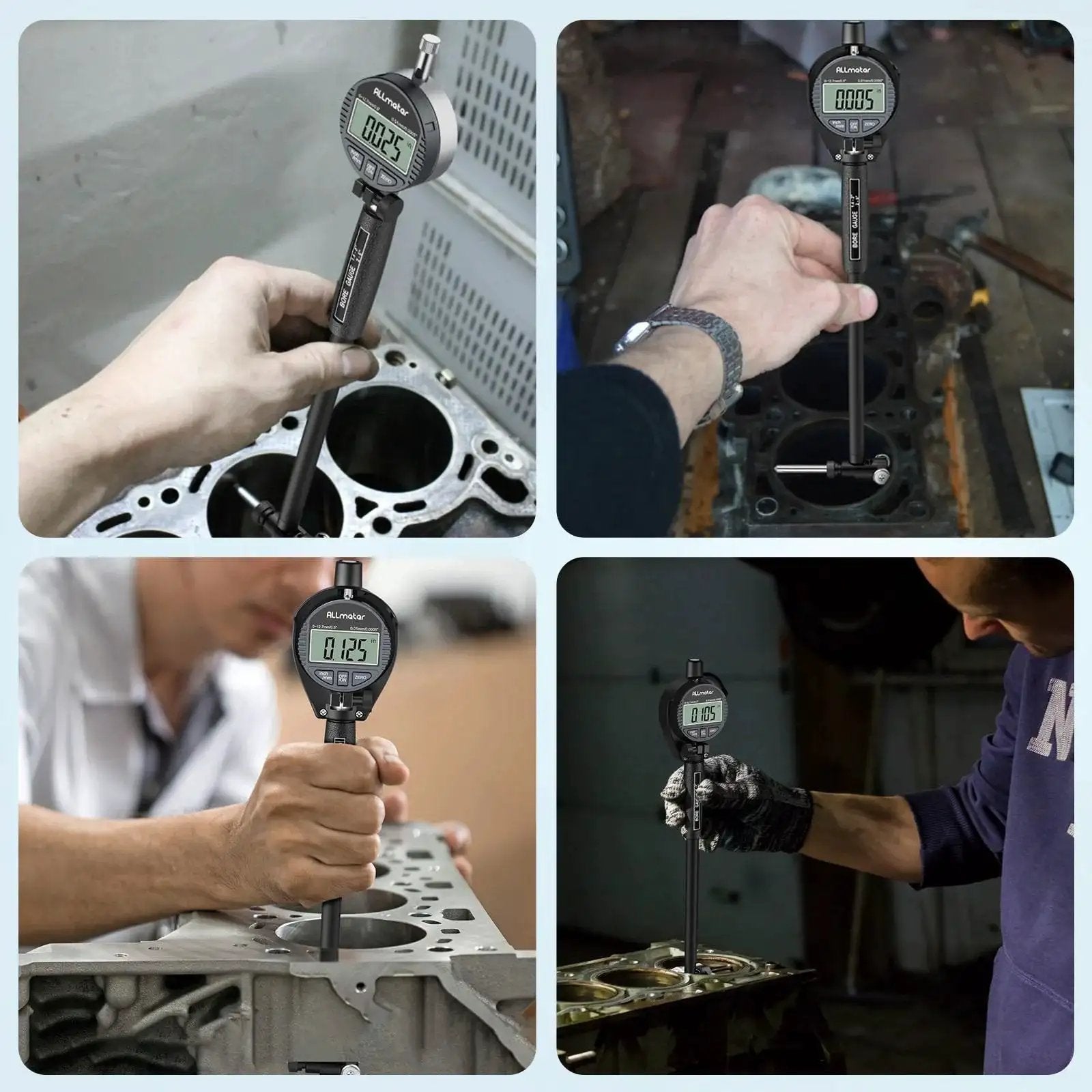 Four images showing the Ultimate Dial Bore Gauge Set For Engine Cylinders By ALLmeter 1.4 To 6 Inch Range 0.0005 Inch Accuracy.