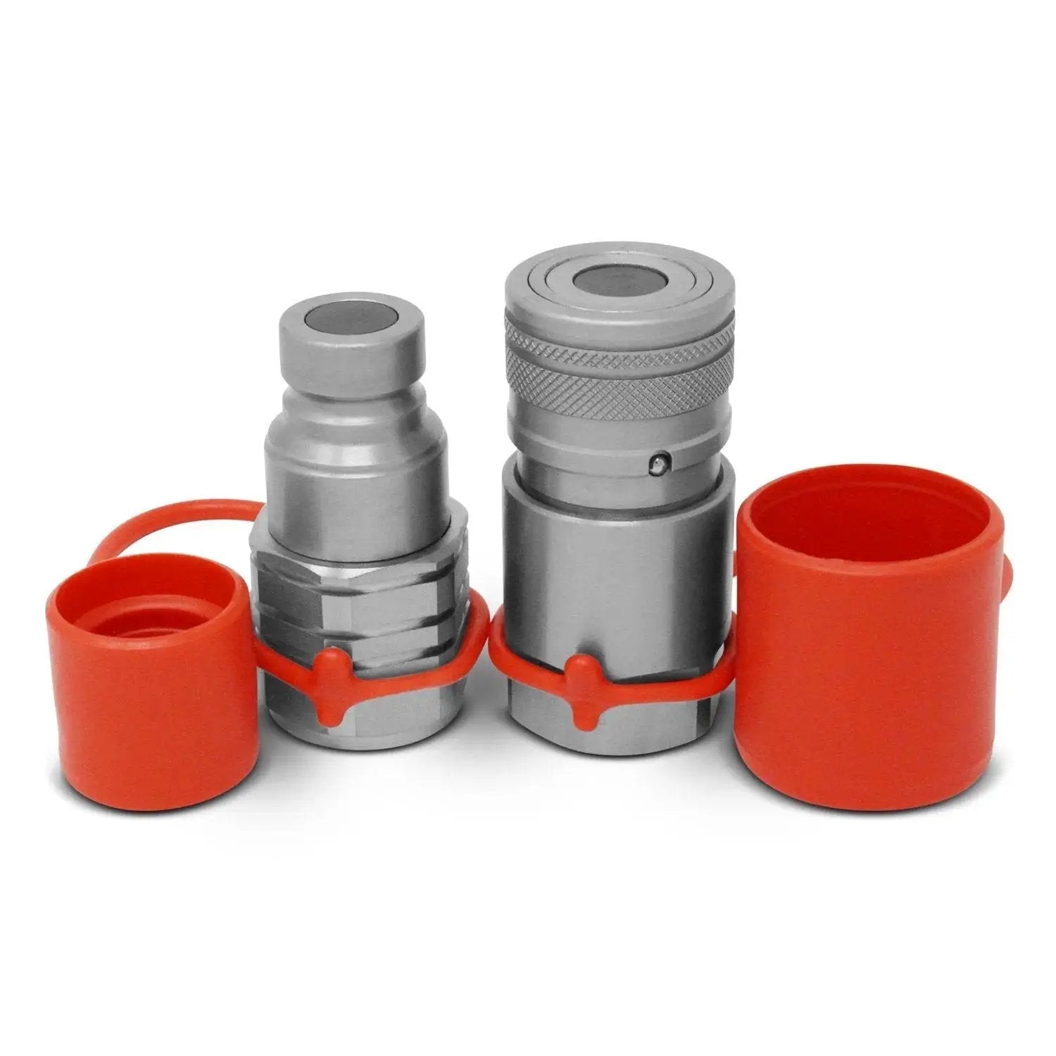 Flat Face Three Quarters Inch NPT Hydraulic Quick Disconnect Couplers Set for Skid Steers with dust caps, high flow, and easy install.