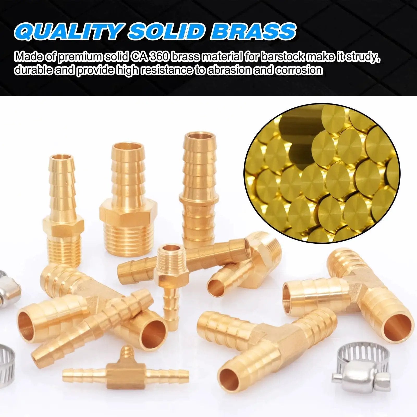 Brass Hose Barb Fittings Kit For Air Water And Fuel Lines KOOTANS 80 Piece Barbed Fittings Set on display with splicers and clamps.