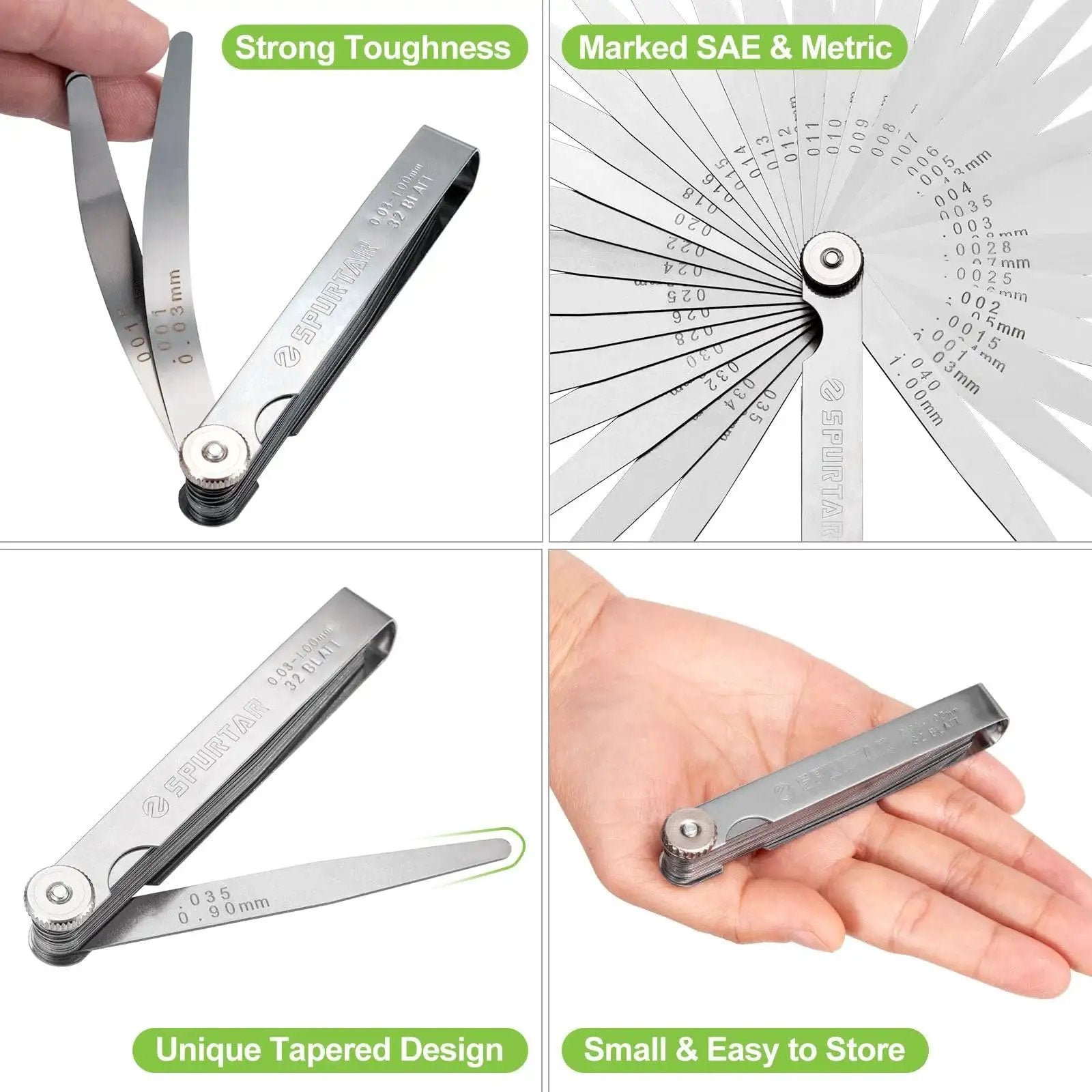 Dual Marked Feeler Gauge Set With 32 Tapered Stainless Steel Blades From 0.001 To 0.04 Inches SAE And Metric Readouts
