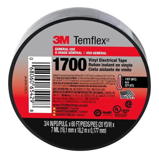 Temflex 1700 Vinyl Electrical Tape single roll 3/4 in x 60 ft Black PVC insulating tape packaging front view