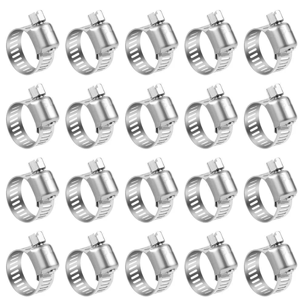 Stainless Steel Hose Clamps Pack Of 20 Adjustable 6 To 12mm Size Range Worm Gear Fuel Line Clamp For Plumbing Automotive And Mechanical Applications Durable And Corrosion Resistant, displayed in grid pattern.