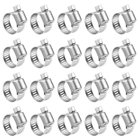 Stainless Steel Hose Clamps Pack Of 20 Adjustable 6 To 12mm Size Range Worm Gear Fuel Line Clamp For Plumbing Automotive And Mechanical Applications Durable And Corrosion Resistant, displayed in grid pattern.
