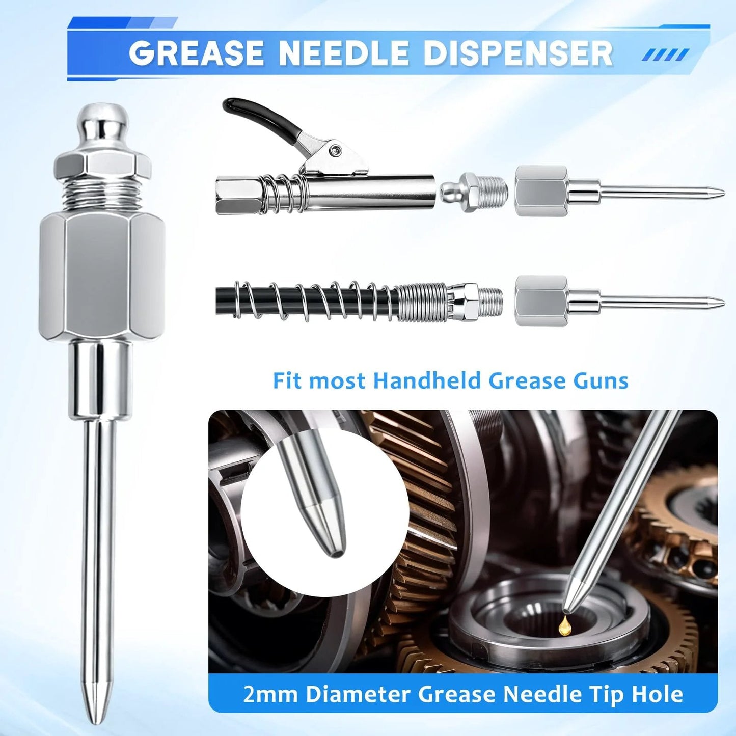 Grease Gun Fittings Accessory Kit Pro Grade With 90 Degree Grease Coupler Adapter And Sleeves Grease Gun Coupler Needle Dispenser Two Needle Nozzle Tips 12 Inch Hose Zerk Fitting Cleaner For Auto Shop And Garage with chrome grease needle dispenser and hose, shown with gear lubrication application.