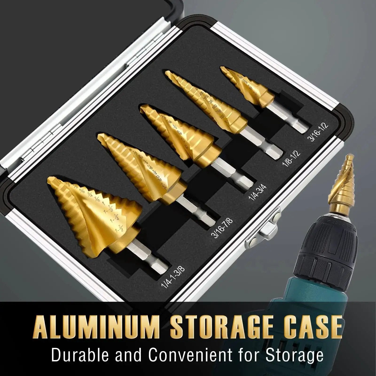 Five Piece Titanium Step Drill Bit Set With Fifty Sizes From Three Sixteenth Inch To One And Three Eighths Inch For Metal Aluminum Wood And Plastic HSS Step Bit With Titanium Coating And Two Spiral Grooved For Electricians And DIY Projects in aluminum storage case