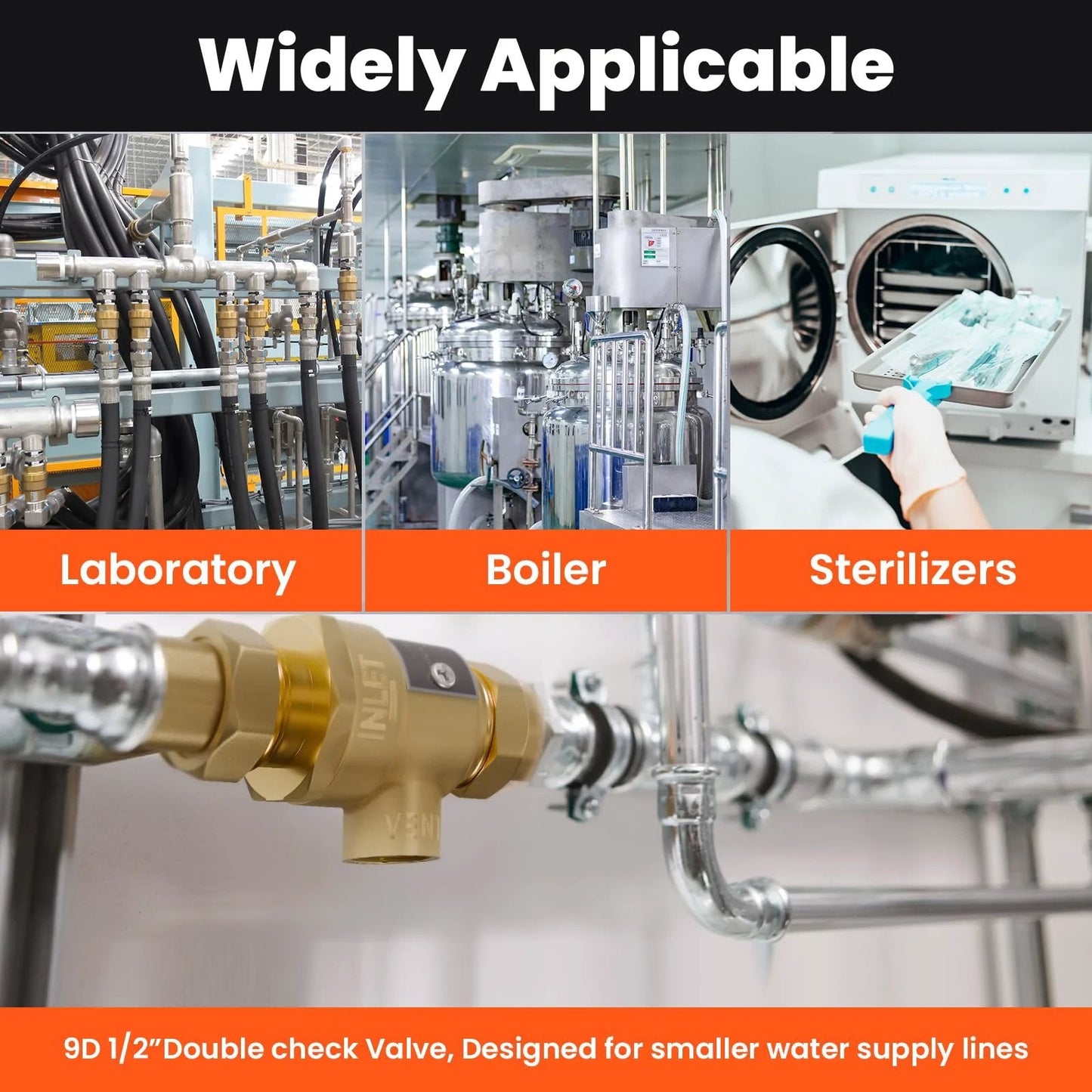 Heavy Duty Brass Backflow Preventer Half Inch Dual Check Valve With Intermediate Atmospheric Vent in laboratory setting.