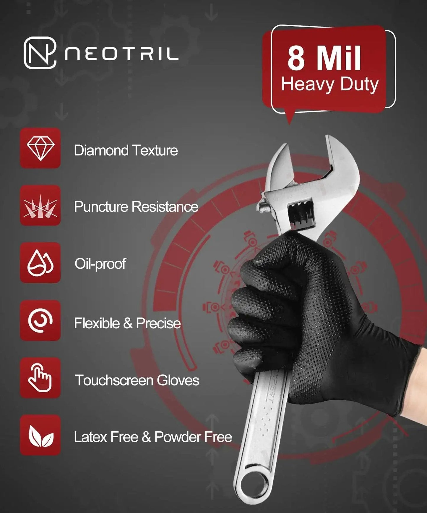 Hand wearing 8 Mil Heavy Duty Nitrile Gloves With Diamond Grip Powder Free Black 50 Pack holding wrench