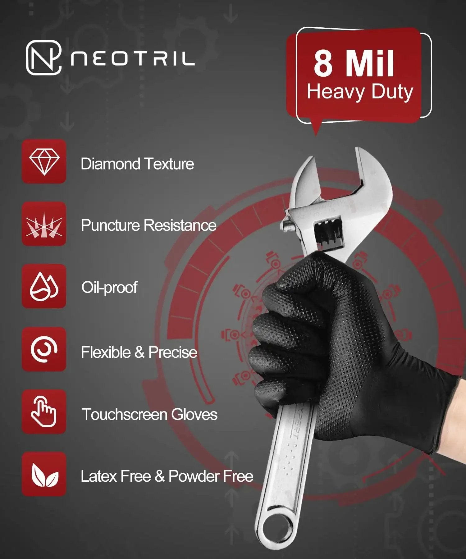 Hand wearing 8 Mil Heavy Duty Nitrile Gloves With Diamond Grip Powder Free Black 50 Pack holding wrench
