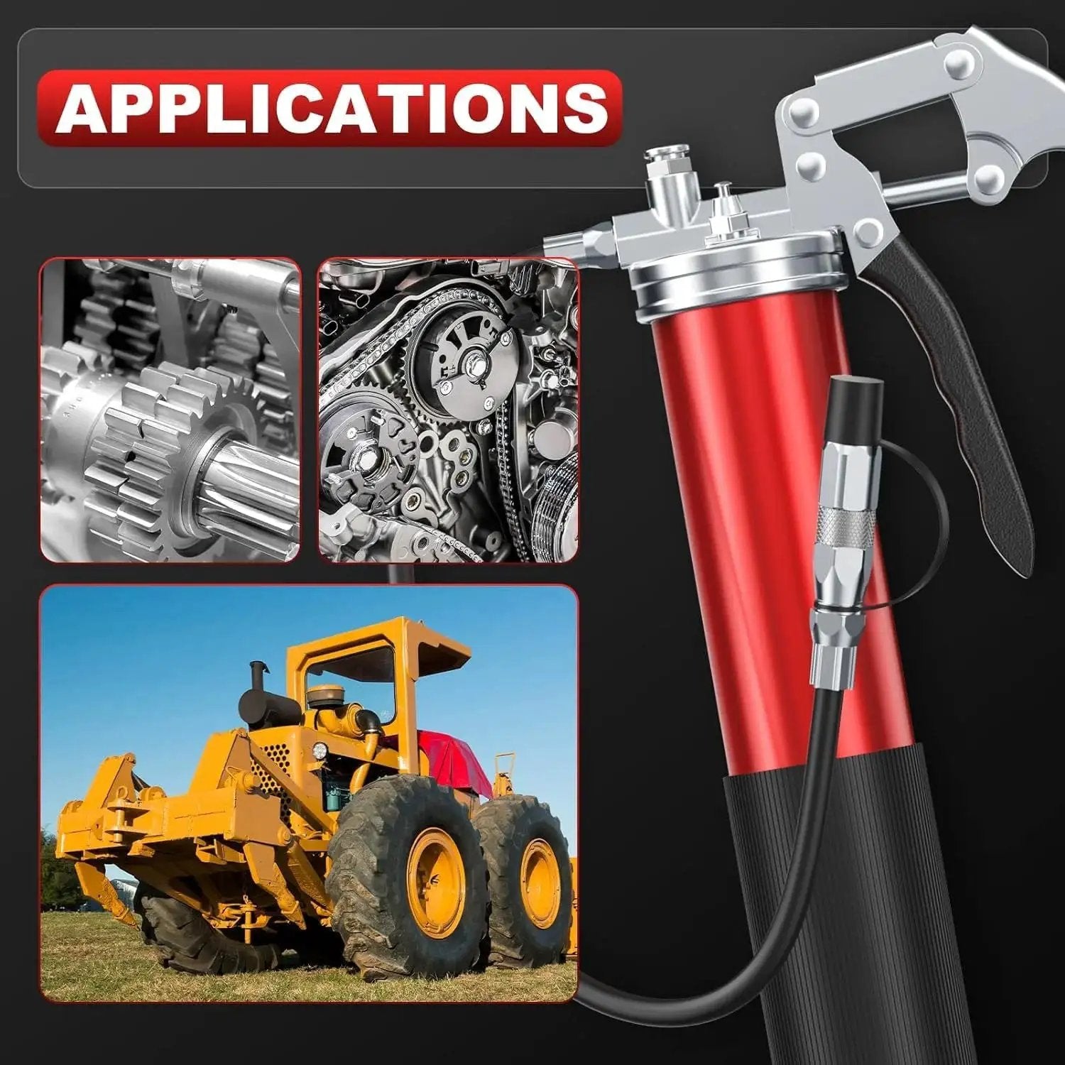 Heavy Duty 8000 PSI Pistol Grip Grease Gun Kit With Quick Locking Coupler Spring Flex Hose 14 Ounce Load shown with applications