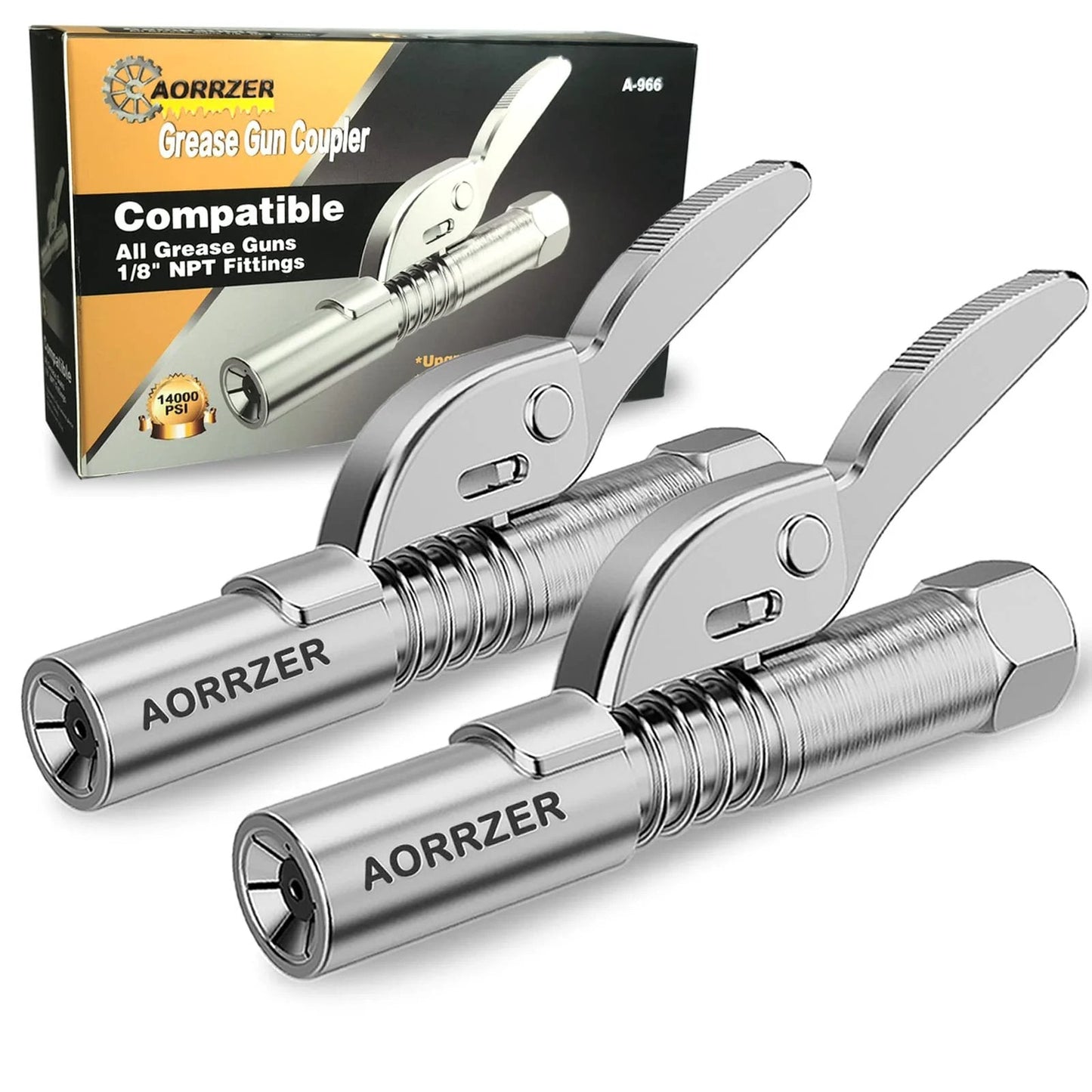 Upgrade 2 Pack Lock On Grease Gun Couplers for Twelve Thousand PSI High Pressure Quick Release with Six Jaw Design