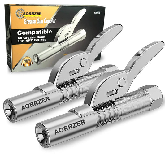 Upgrade 2 Pack Lock On Grease Gun Couplers for Twelve Thousand PSI High Pressure Quick Release with Six Jaw Design