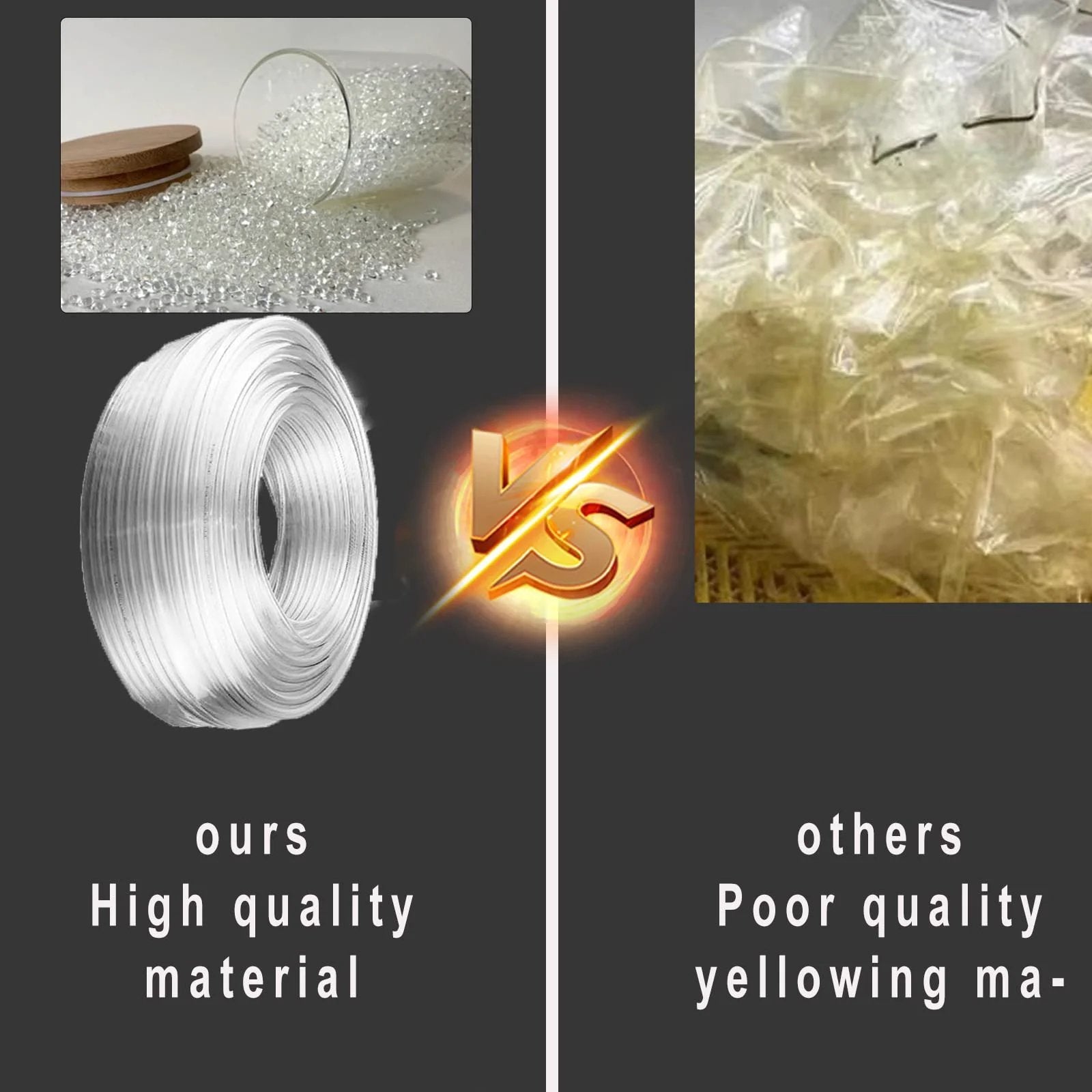 Comparison of clear reel vs yellowing substance illustrating high quality vs poor quality polyurethane material.