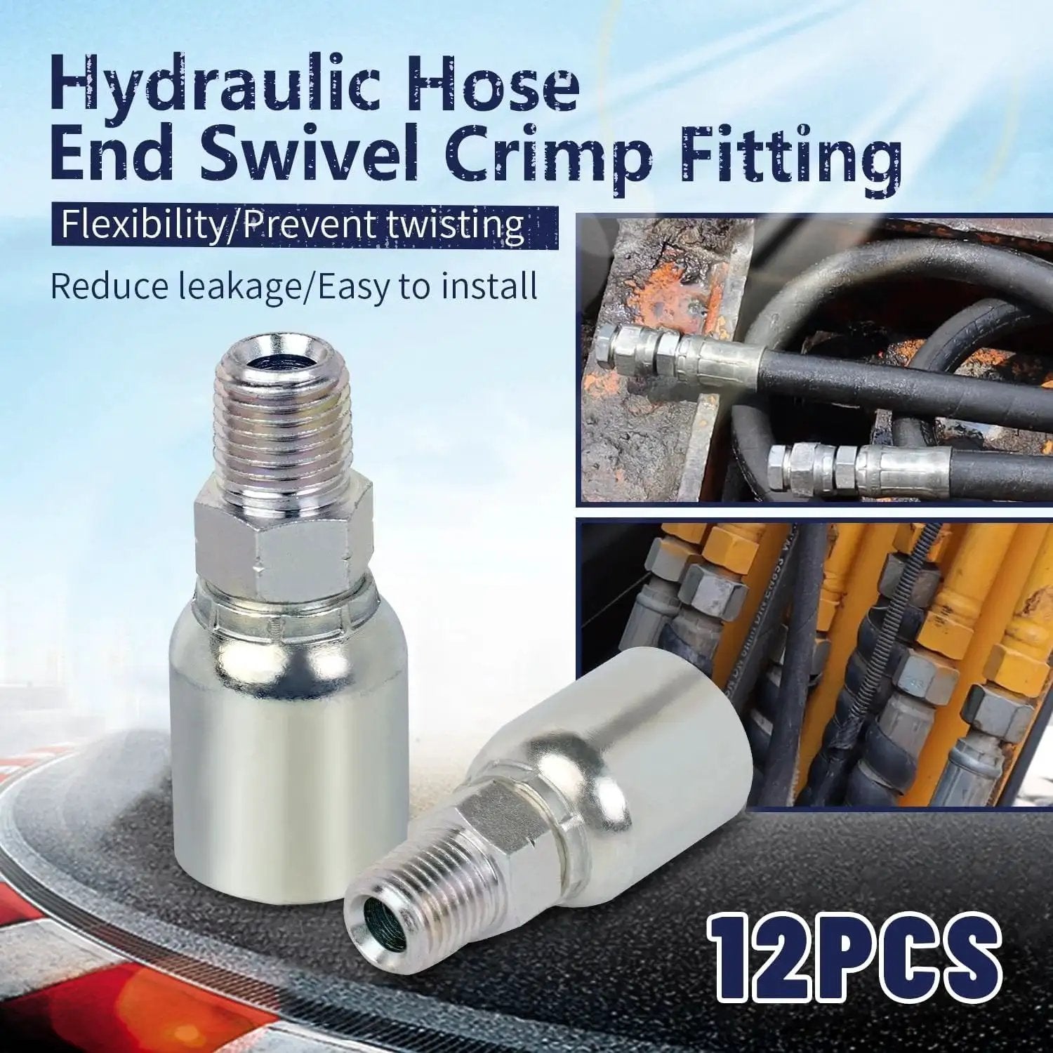 12 Pack Hydraulic Hose Fittings 1/4 Inch I.D. To 1/4 Inch NPTF Male Crimp Ends, Pro Grade Heavy Duty Coated Steel, Installed View