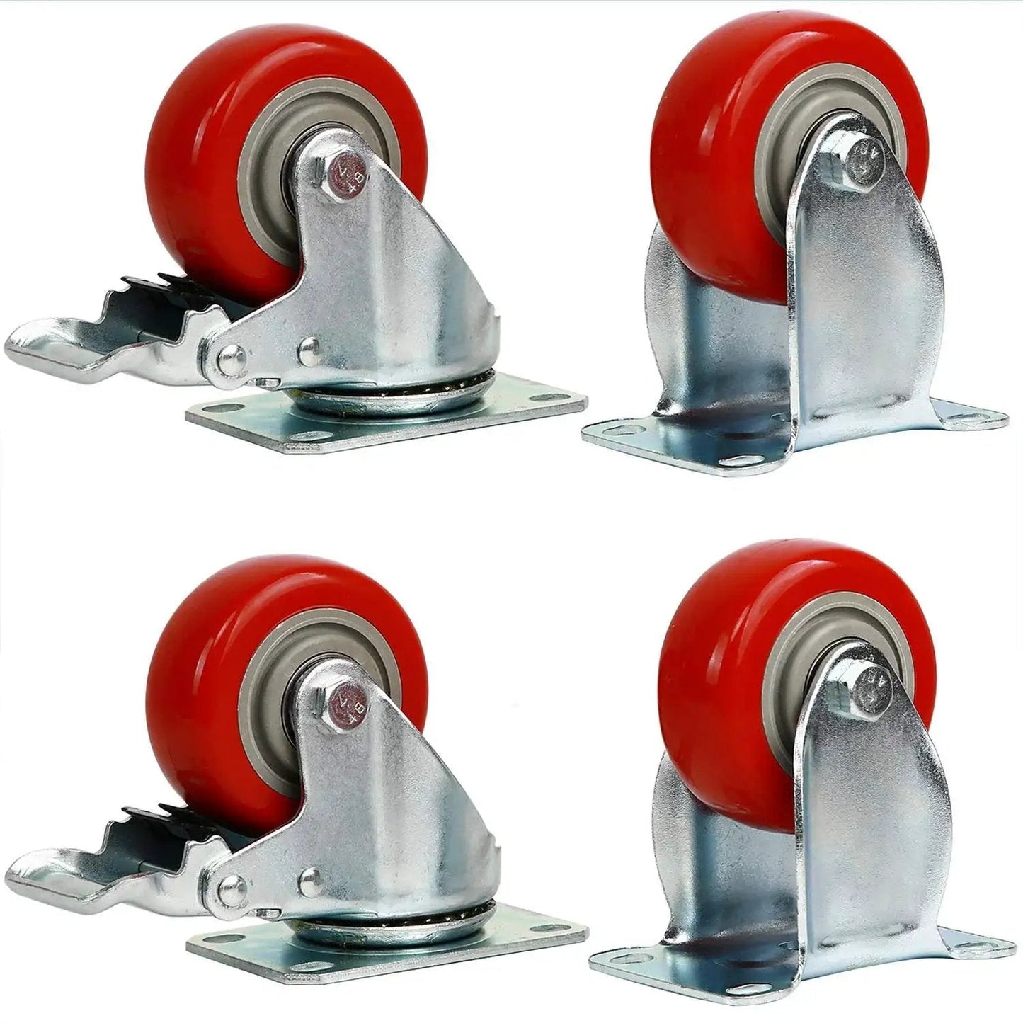 Heavy Duty Three Inch Fixed Caster Wheels Four Pack with Polyurethane Casters and Forged Metal Chassis for Carts and Workbenches