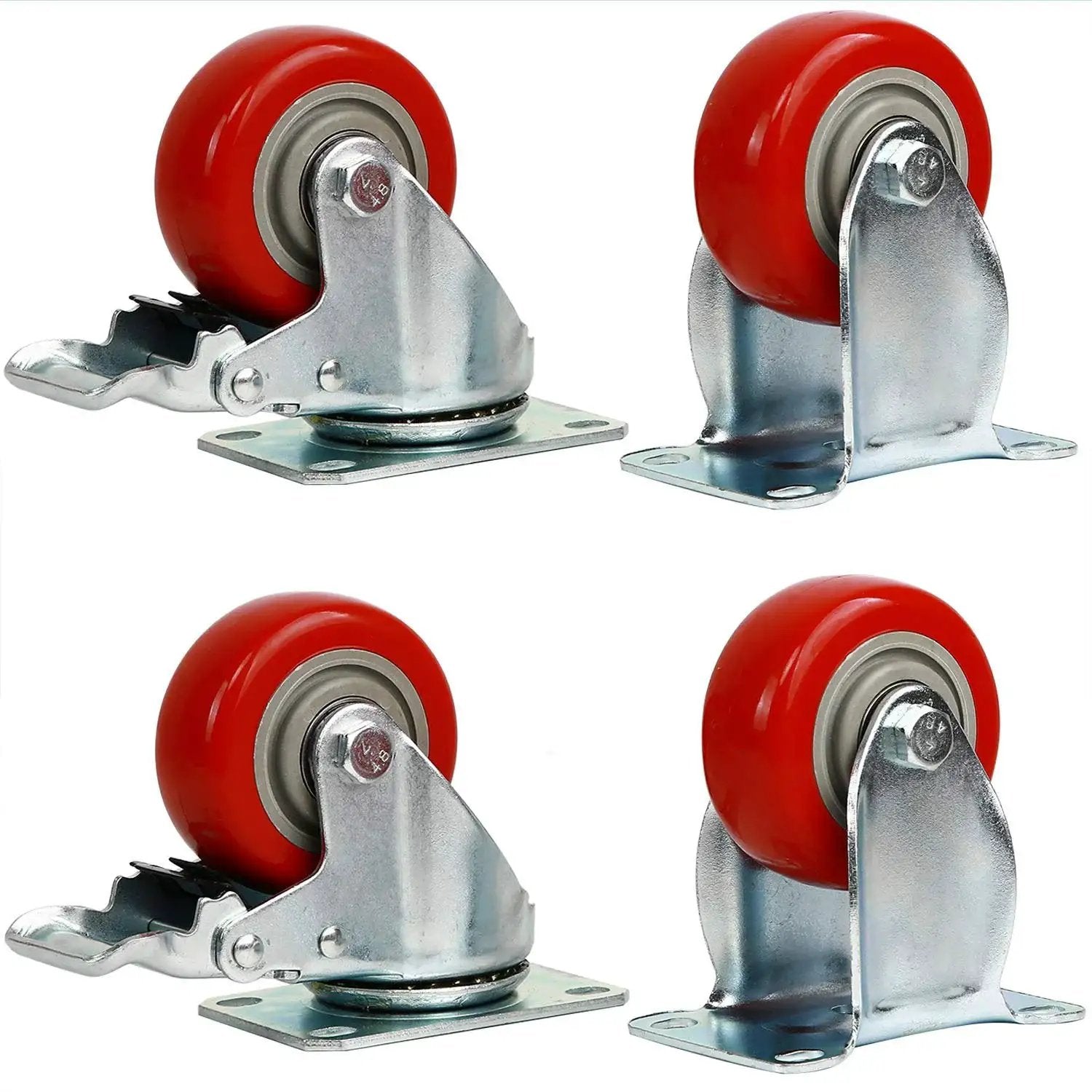 Heavy Duty Three Inch Fixed Caster Wheels Four Pack with Polyurethane Casters and Forged Metal Chassis for Carts and Workbenches