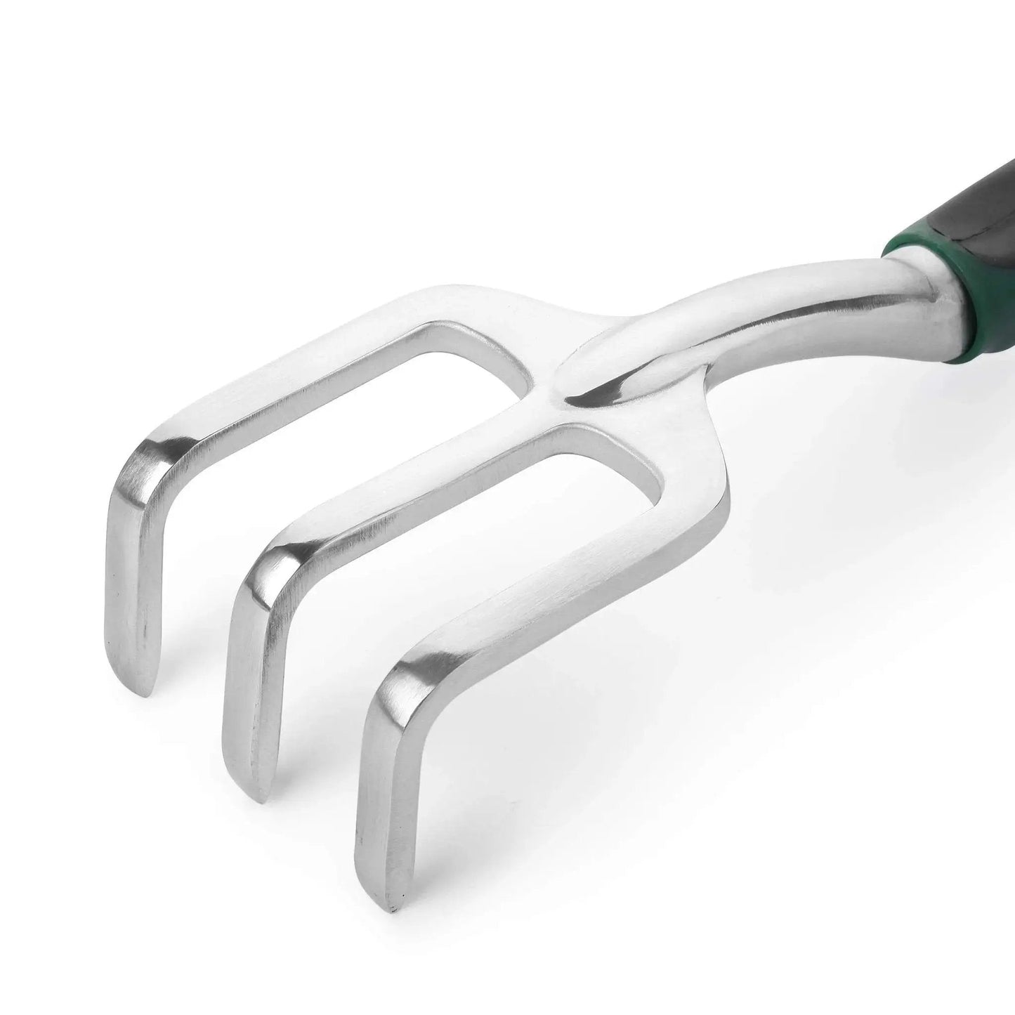 Close-up of Eleven And A Half Inch Hand Rake For Weeding And Soil Turning With Three Prong Metal Cultivator For Garden Beds And Plots.