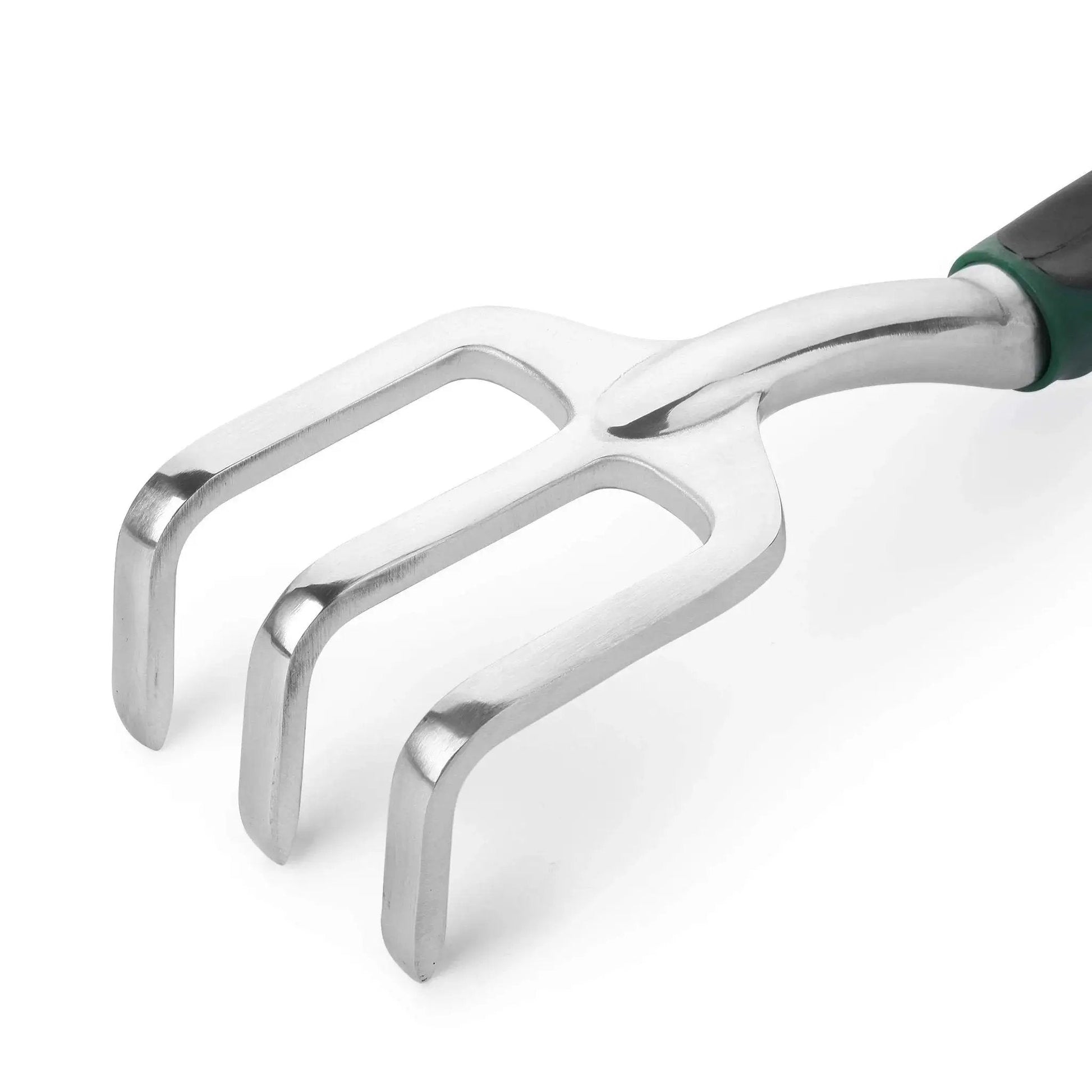 Close-up of Eleven And A Half Inch Hand Rake For Weeding And Soil Turning With Three Prong Metal Cultivator For Garden Beds And Plots.